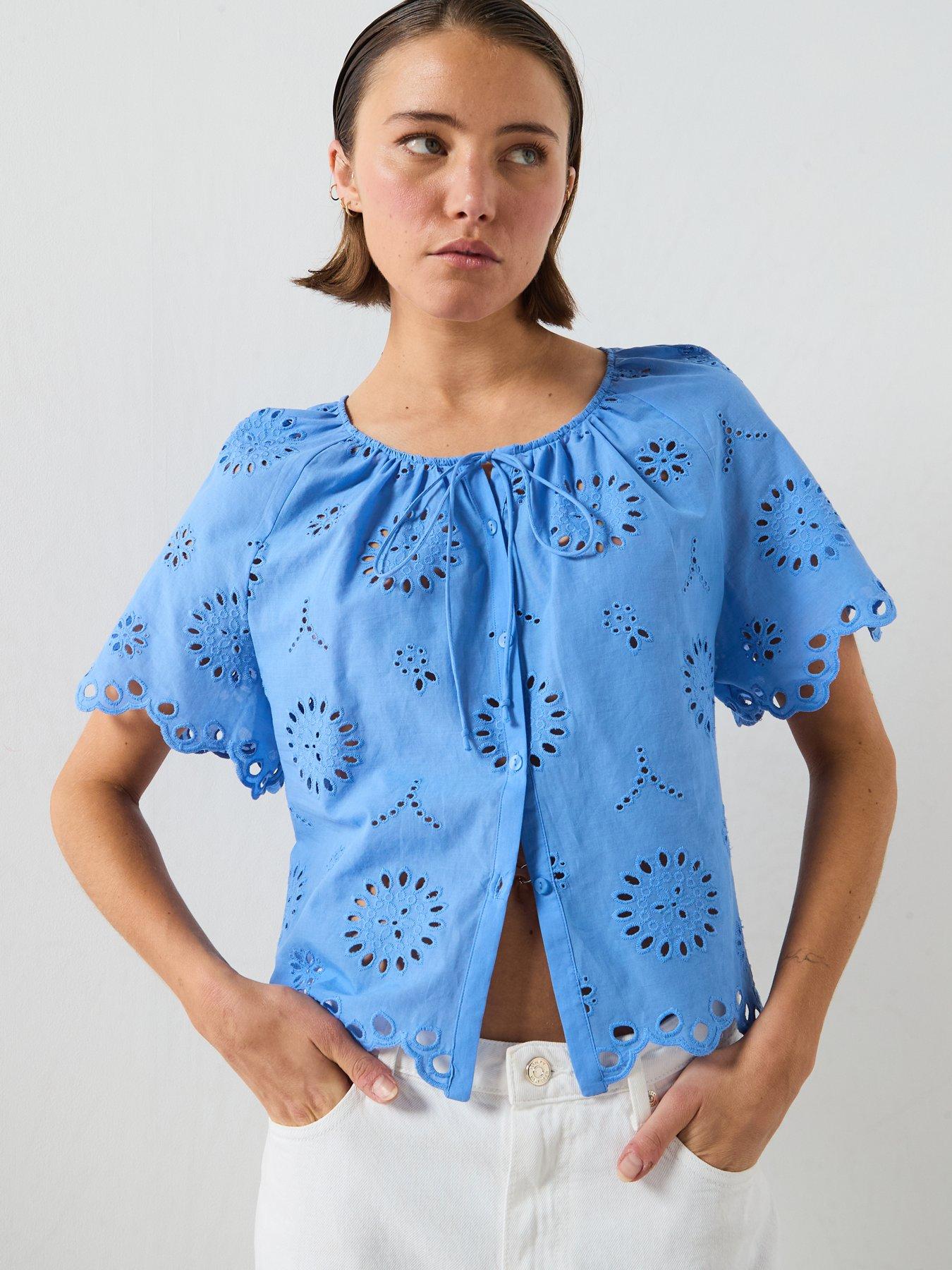 Image 5 of 6 of Mango Cotton Blouse With Broderie Anglaise Embroidery - Blue