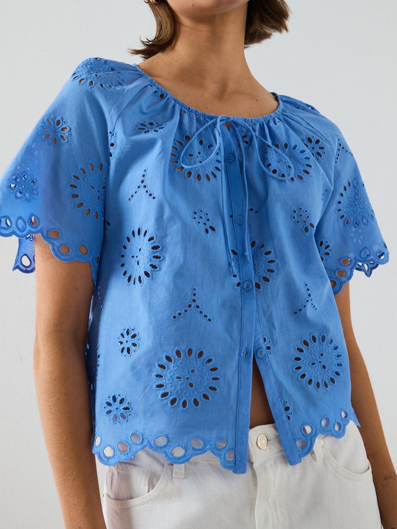 Image 6 of 6 of Mango Cotton Blouse With Broderie Anglaise Embroidery - Blue