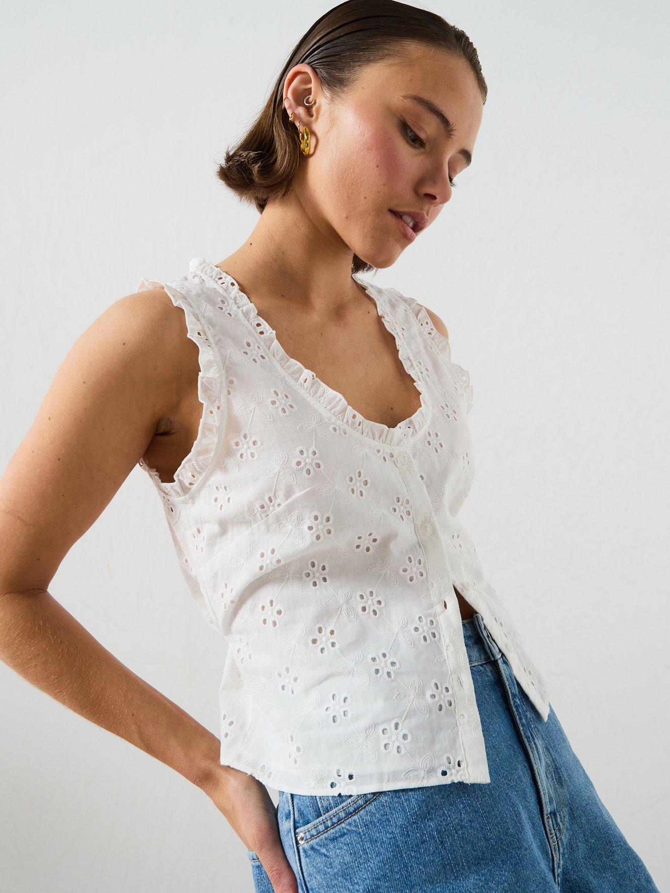Image 4 of 5 of Mango Cotton Blouse With Broderie Anglaise Embroidery - Off White