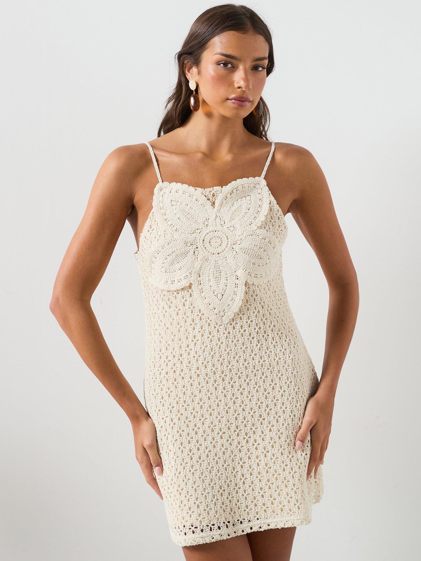Image 1 of 6 of Mango Crochet Dress With Floral Detail - Cream