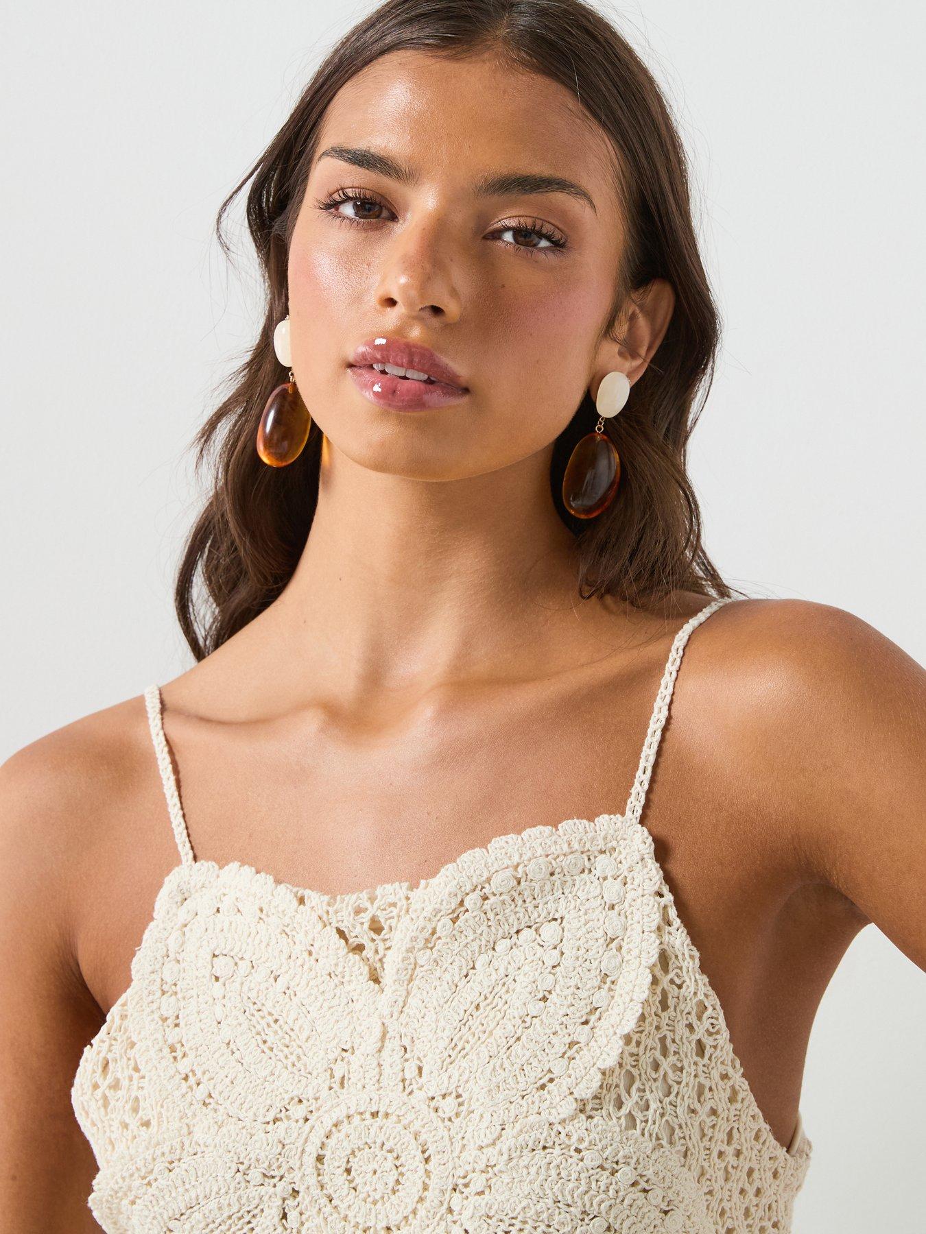 Image 4 of 6 of Mango Crochet Dress With Floral Detail - Cream