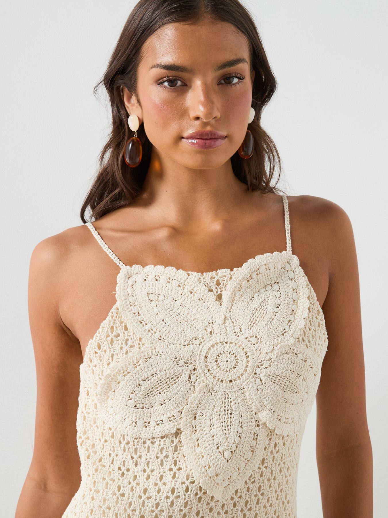 Image 5 of 6 of Mango Crochet Dress With Floral Detail - Cream