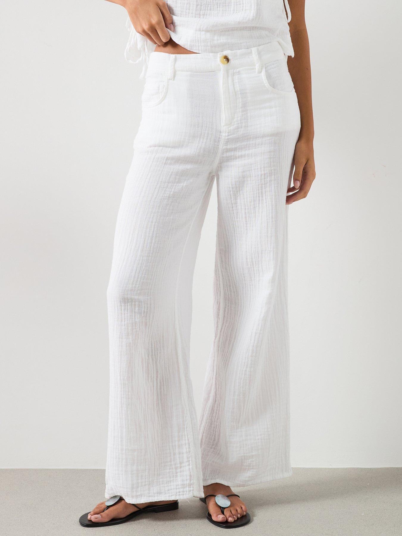 Image 1 of 6 of Mango Straight-Leg Crinkle Co-Ord Trousers - White