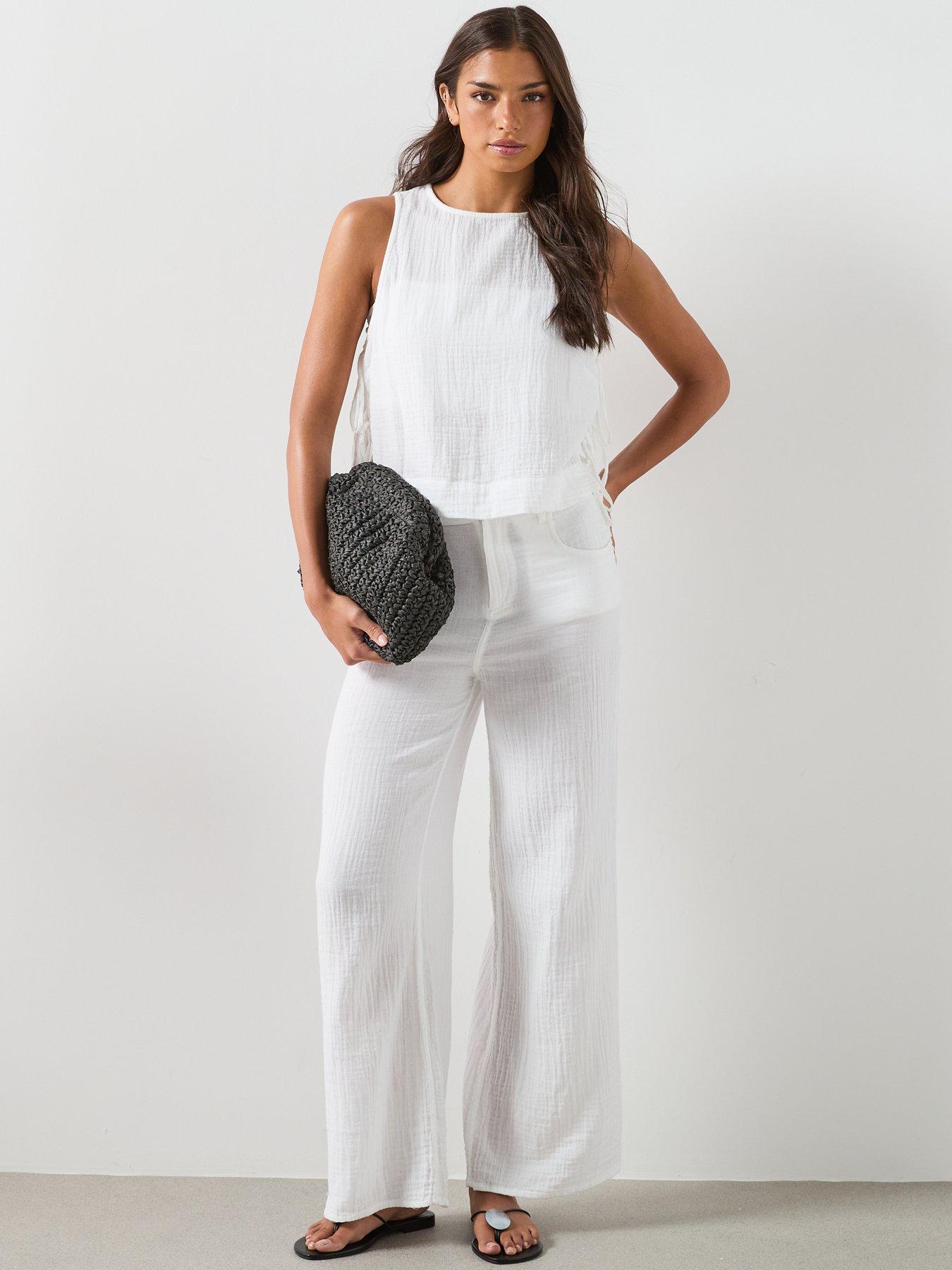 Image 3 of 6 of Mango Straight-Leg Crinkle Co-Ord Trousers - White