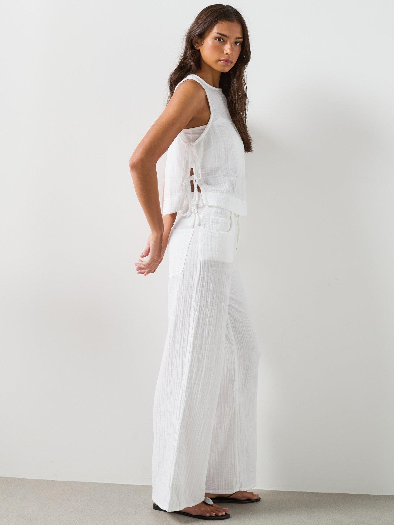 Image 5 of 6 of Mango Straight-Leg Crinkle Co-Ord Trousers - White