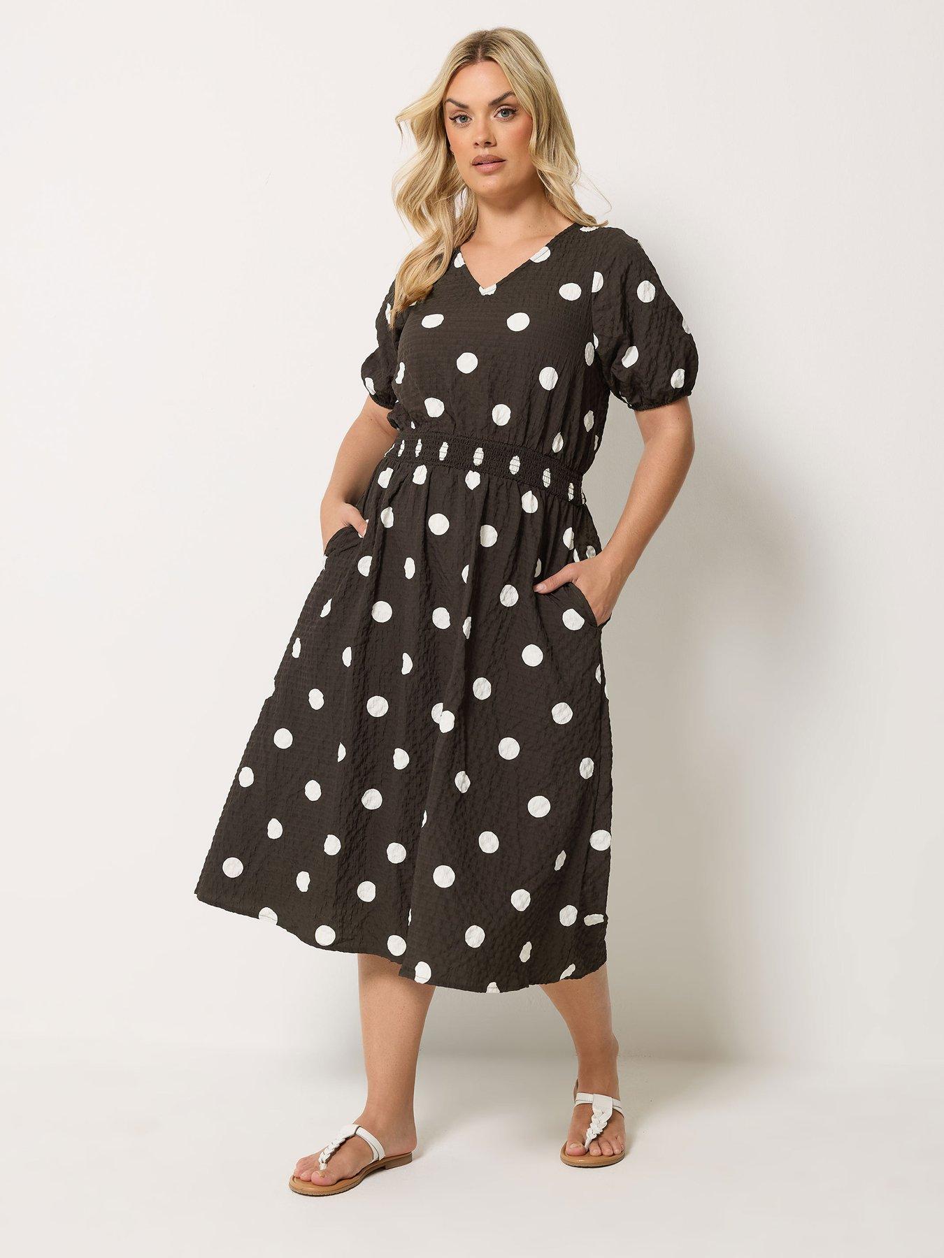 Yours Curve Textured Polka Dot Smock Midaxi Dress - Brown