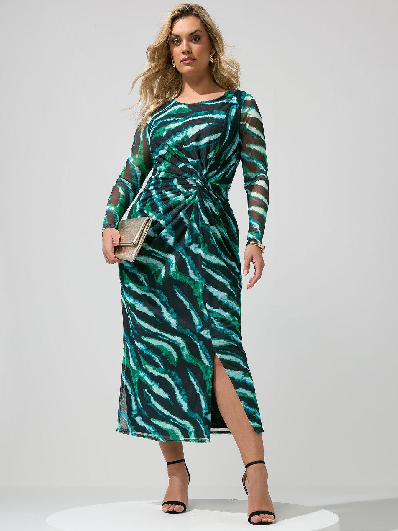Yours Curve Zebra Side Knot Dress -  Black/Green