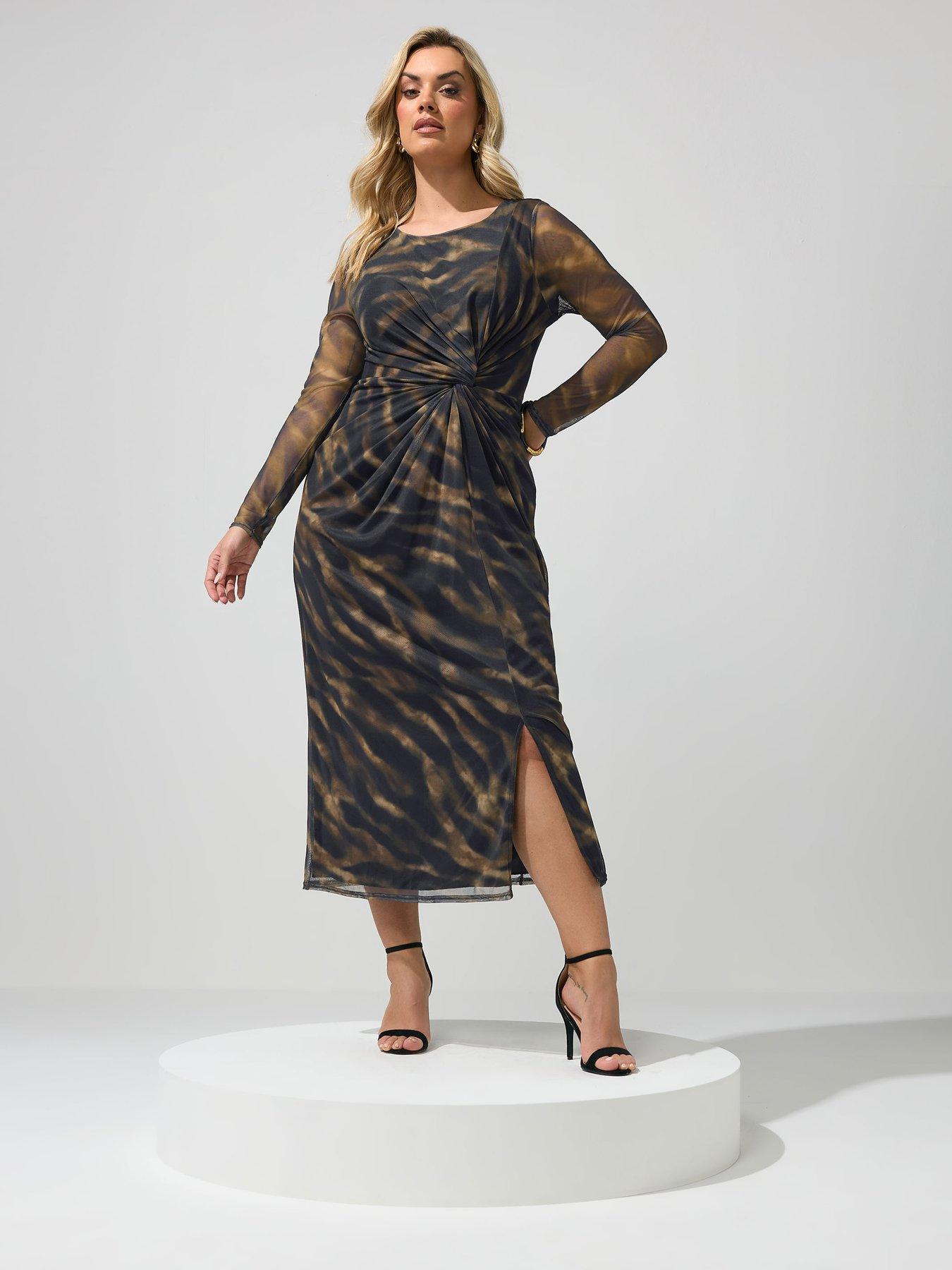 Image 1 of 4 of Yours Curve Zebra Side Knot Dress - Brown