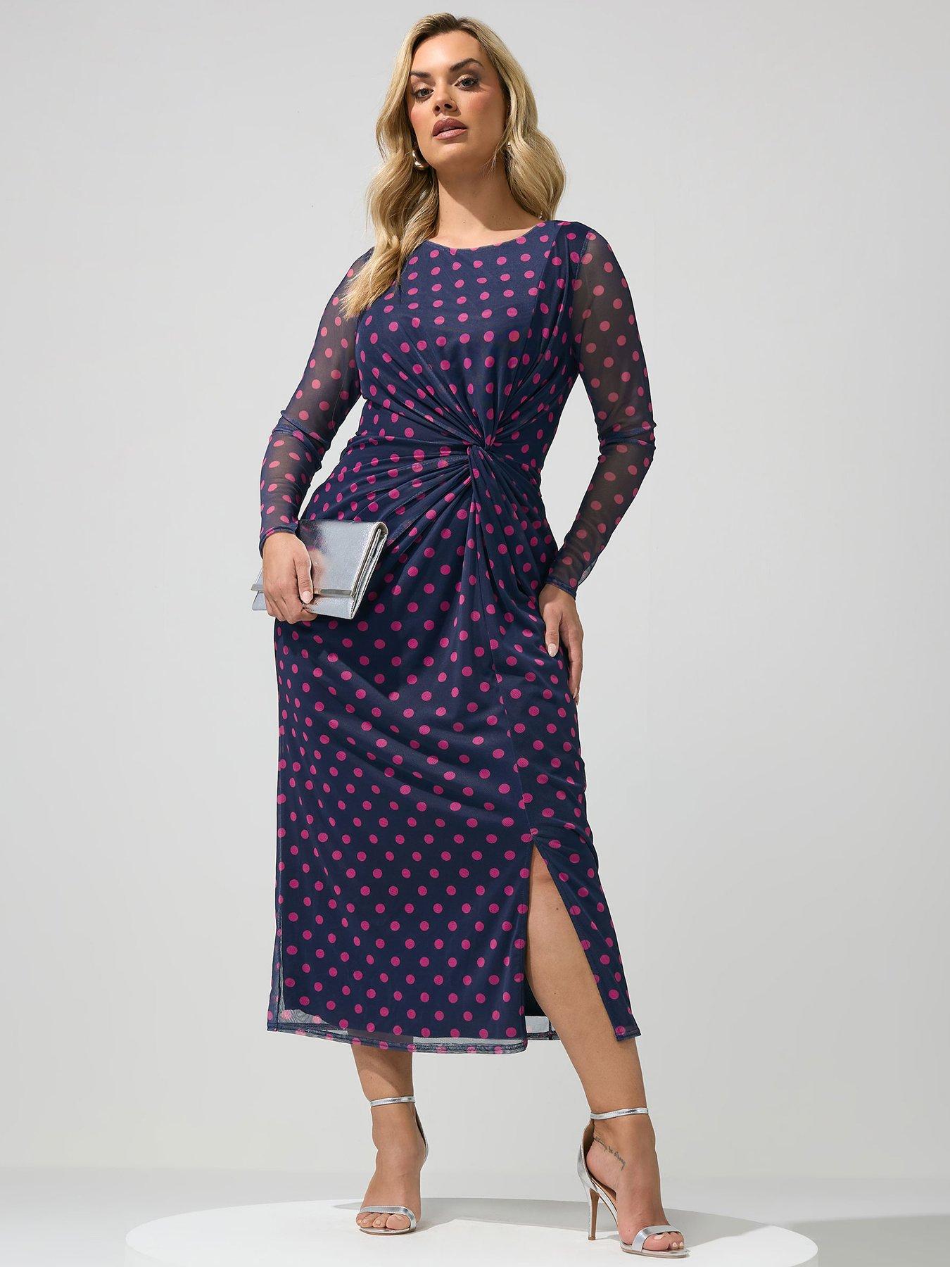 Yours Curve Polka Dot Side Knot Dress - Blue