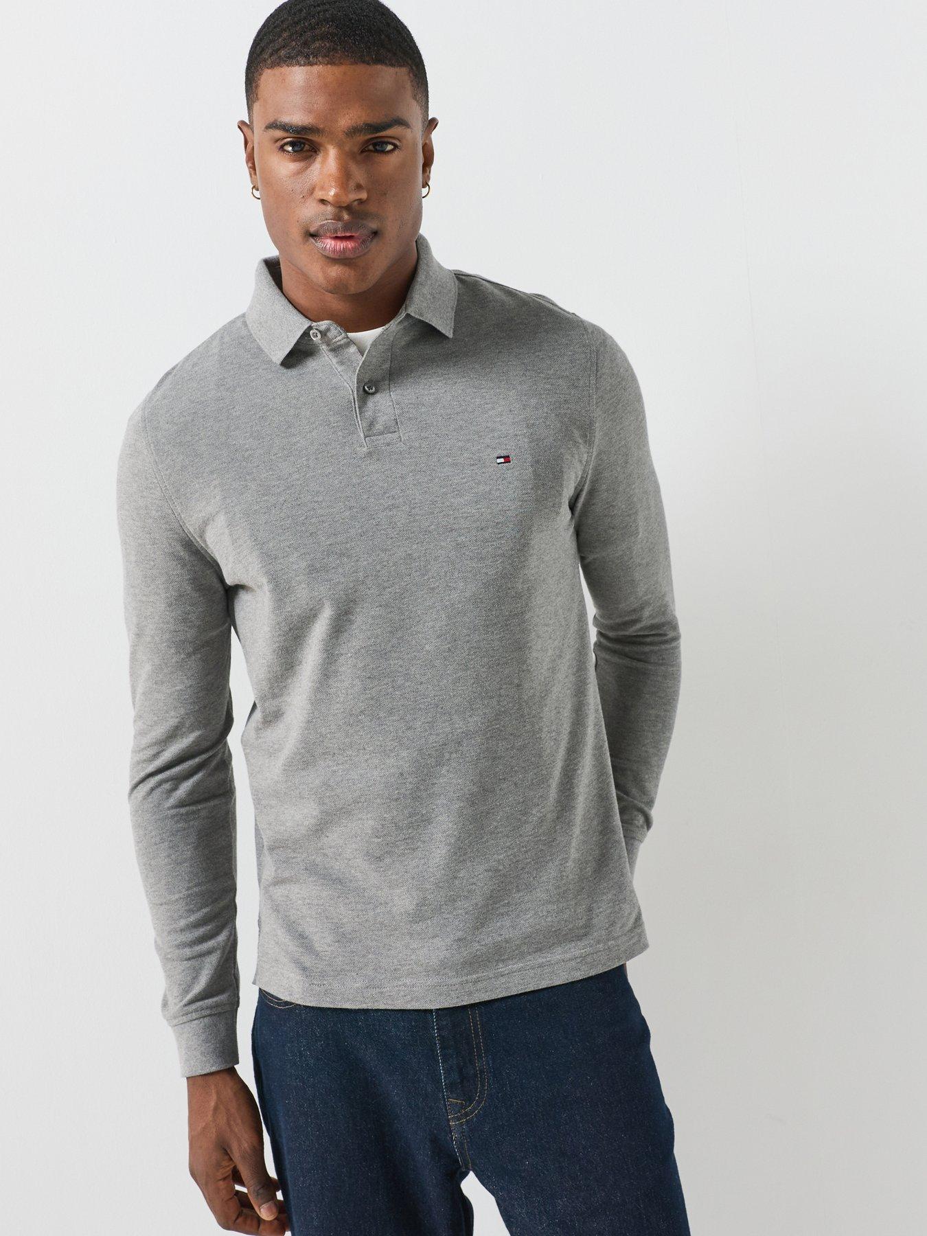 Image 1 of 5 of Tommy Hilfiger Mens 1985 Regular Fit Stretch Long Sleeve Polo Shirt - Medium Grey Heather