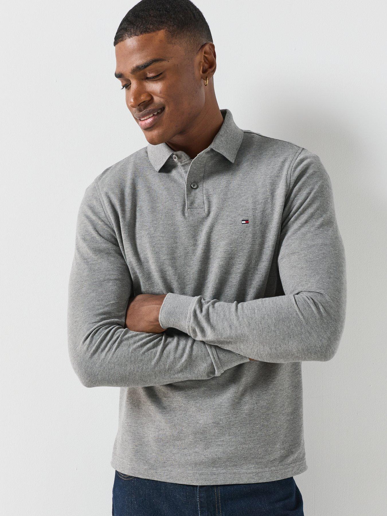 Image 4 of 5 of Tommy Hilfiger Mens 1985 Regular Fit Stretch Long Sleeve Polo Shirt - Medium Grey Heather