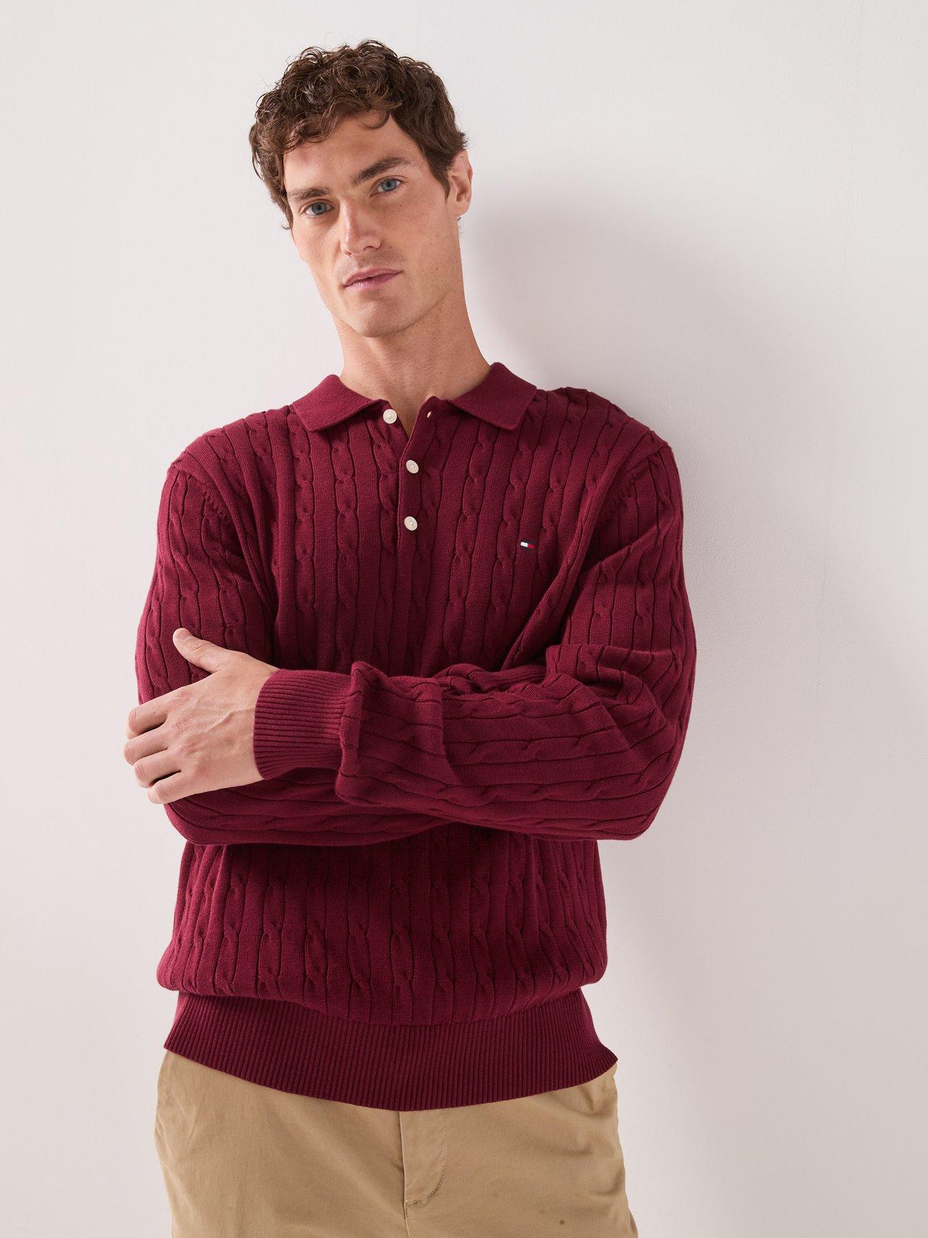 Image 5 of 6 of Tommy Hilfiger Classic Cotton Cable Long Sleeve Knitted Polo Shirt - Red