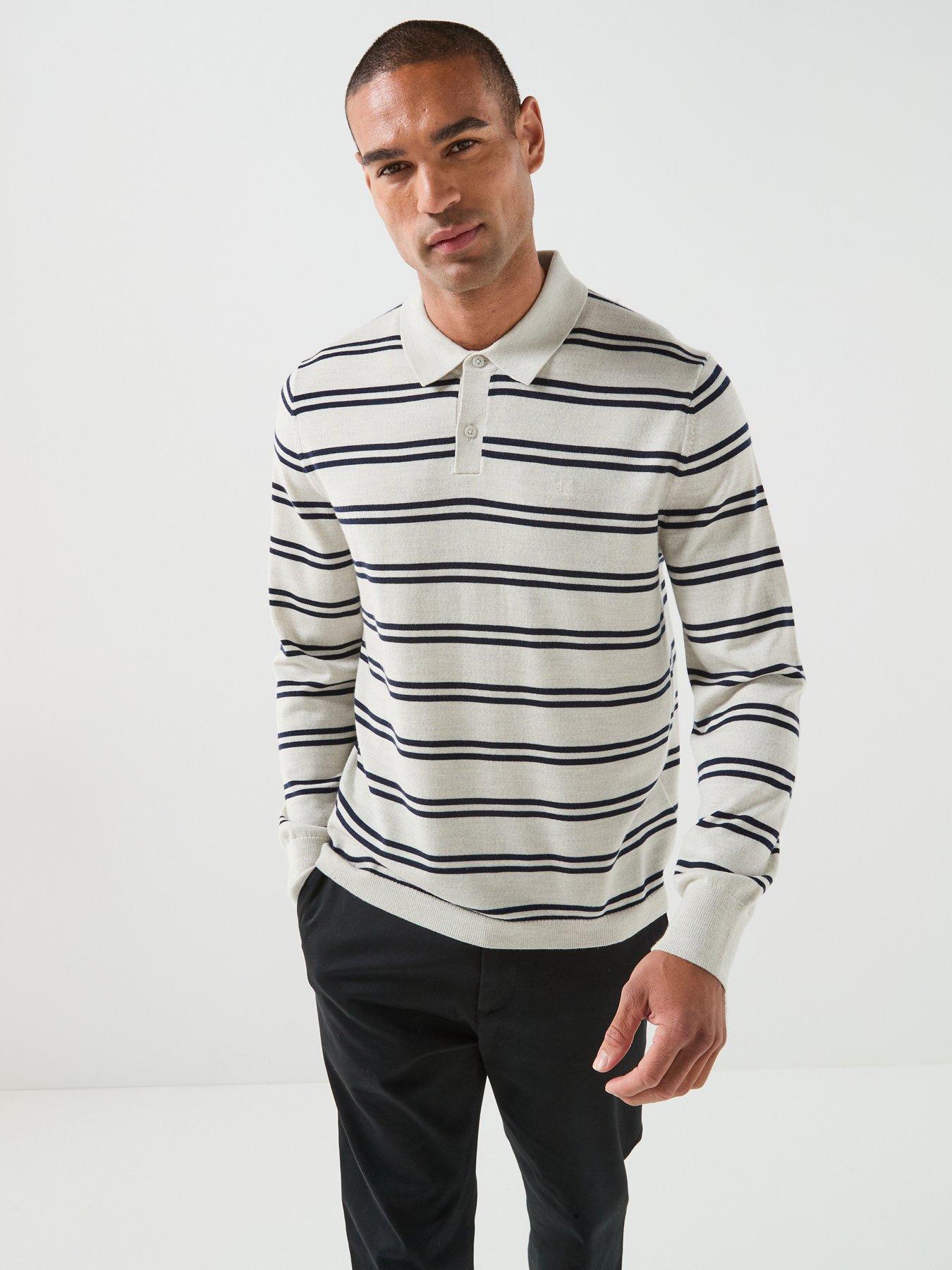 Calvin Klein Calvin Klein Long Sleeve Stripe Merino Polo Shirt - Cream