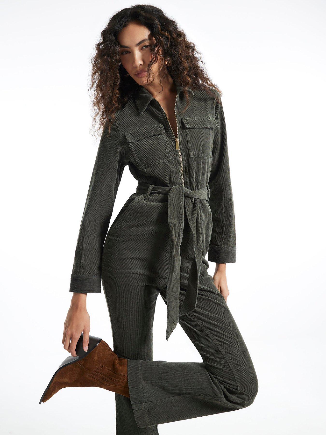 Image 3 of 5 of River Island Lulu Ls Cord Belted Jumpsuit - Khaki