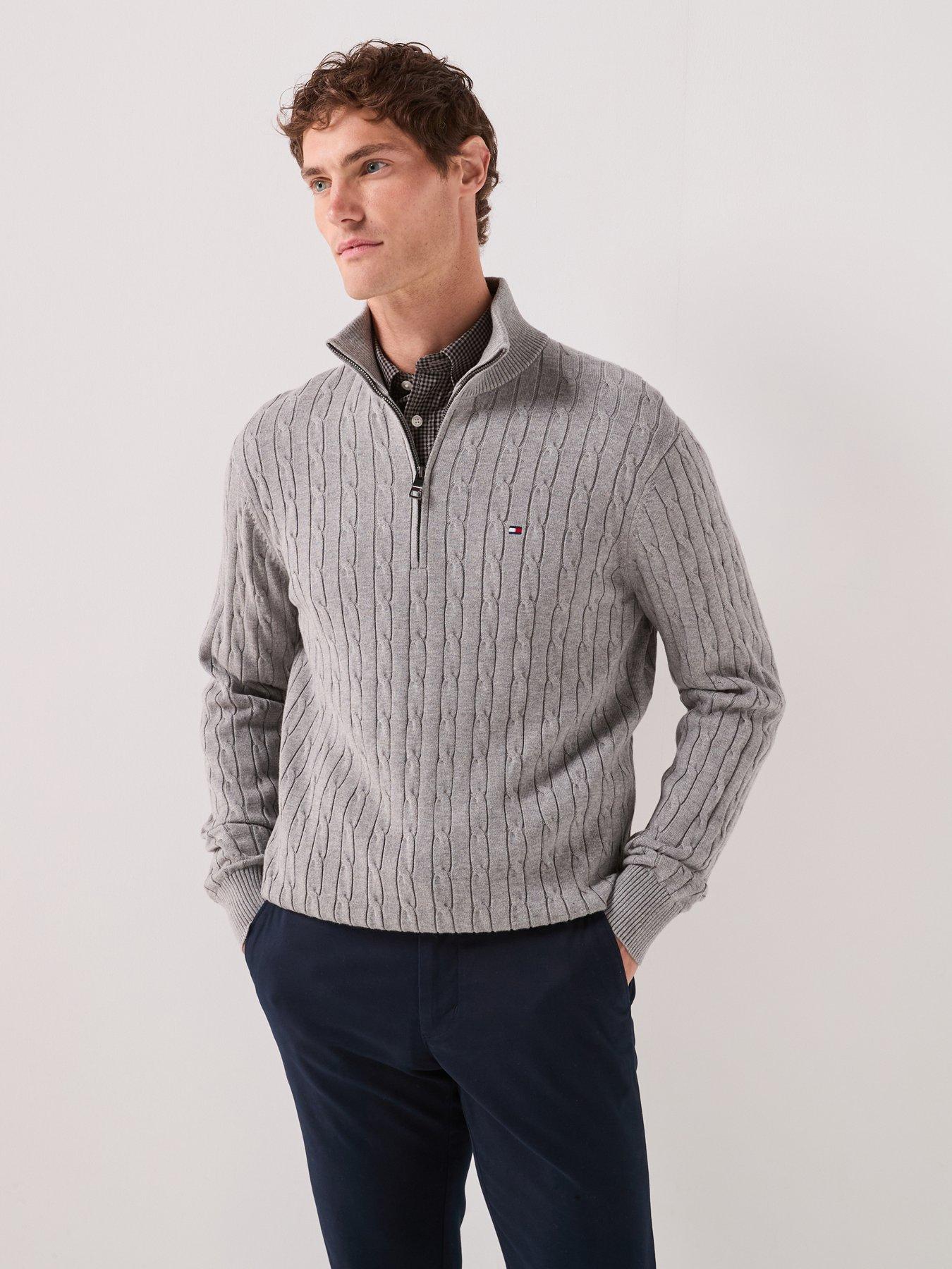 Tommy Hilfiger Men's Classic Cotton Cable Quarter Zip Knitted Jumper - Grey