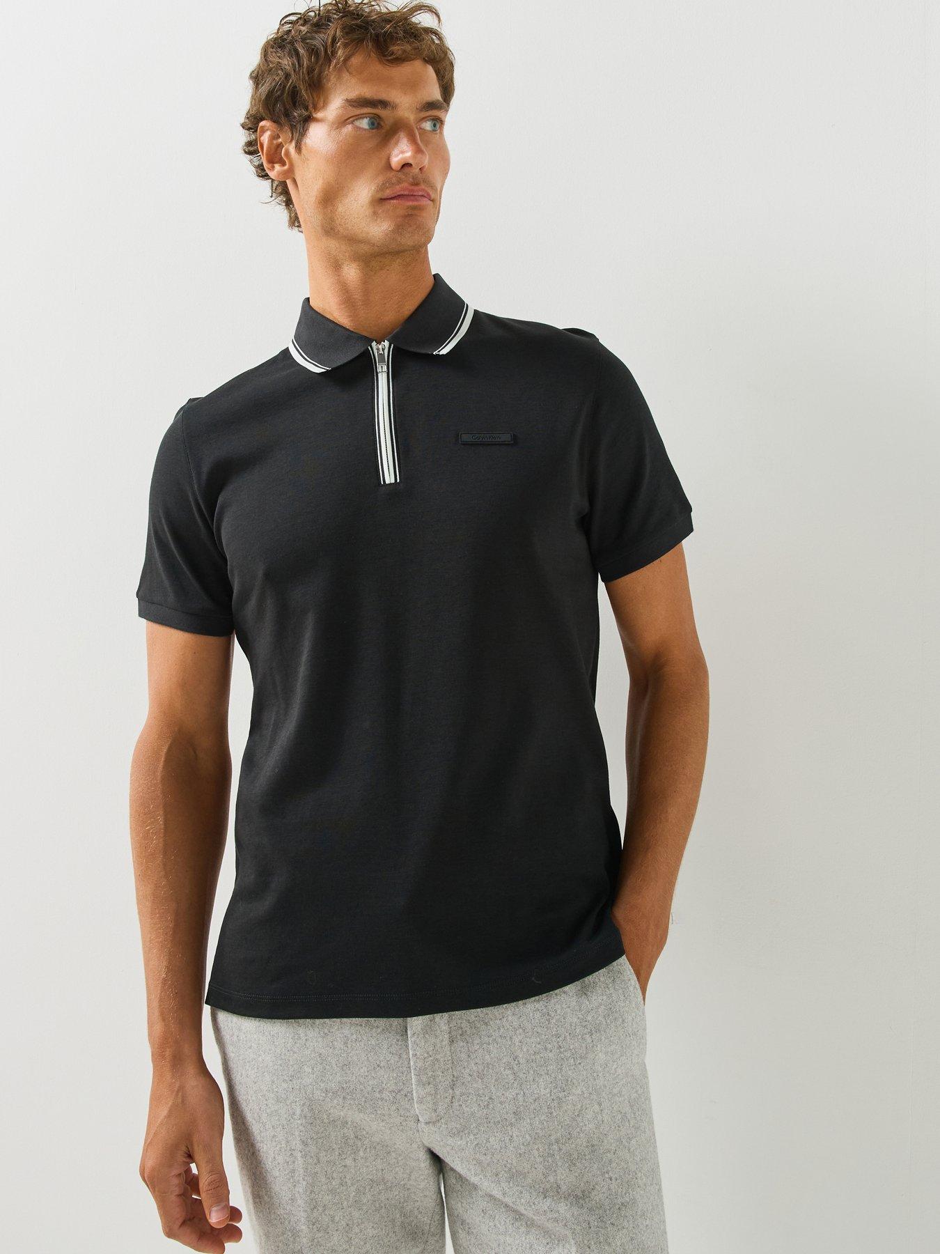 Image 1 of 5 of Calvin Klein Mens Supima Tipped Zip Polo Shirt - Black/White