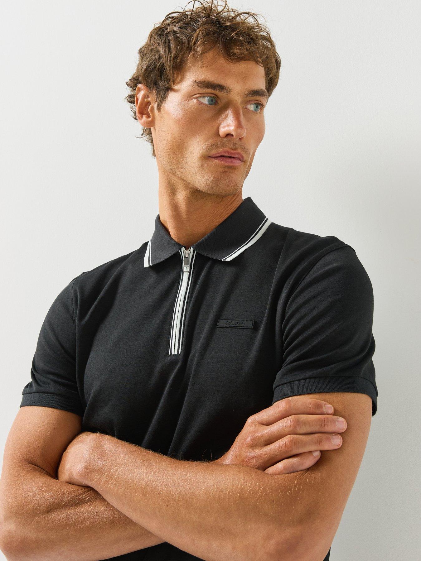 Image 5 of 5 of Calvin Klein Mens Supima Tipped Zip Polo Shirt - Black/White