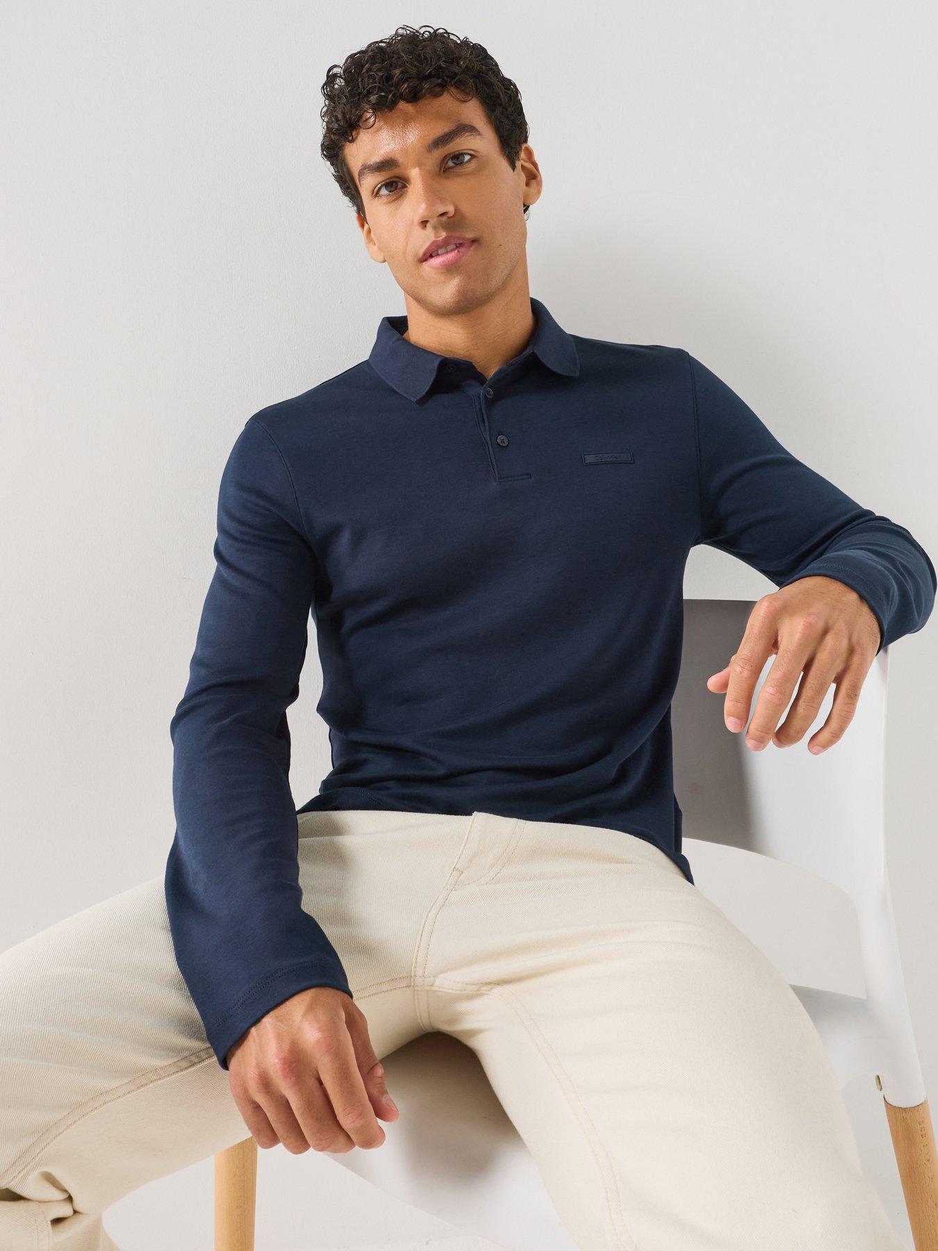 Calvin Klein Men's Long Sleeve Supima Tipped Polo Shirt - Blue