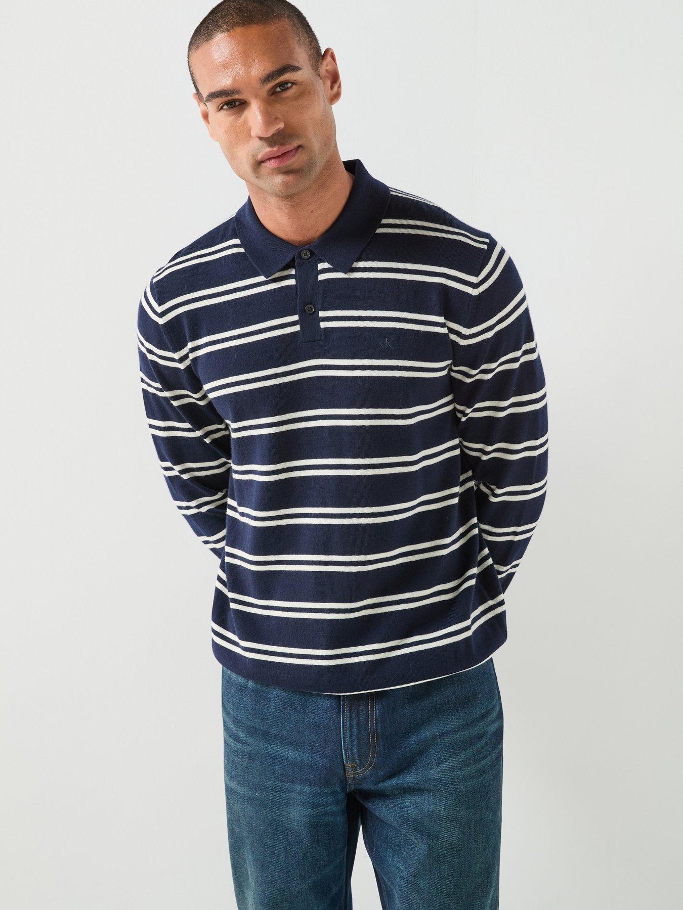 Calvin Klein Cotton Stripe Polo Jumper - Estate Blue