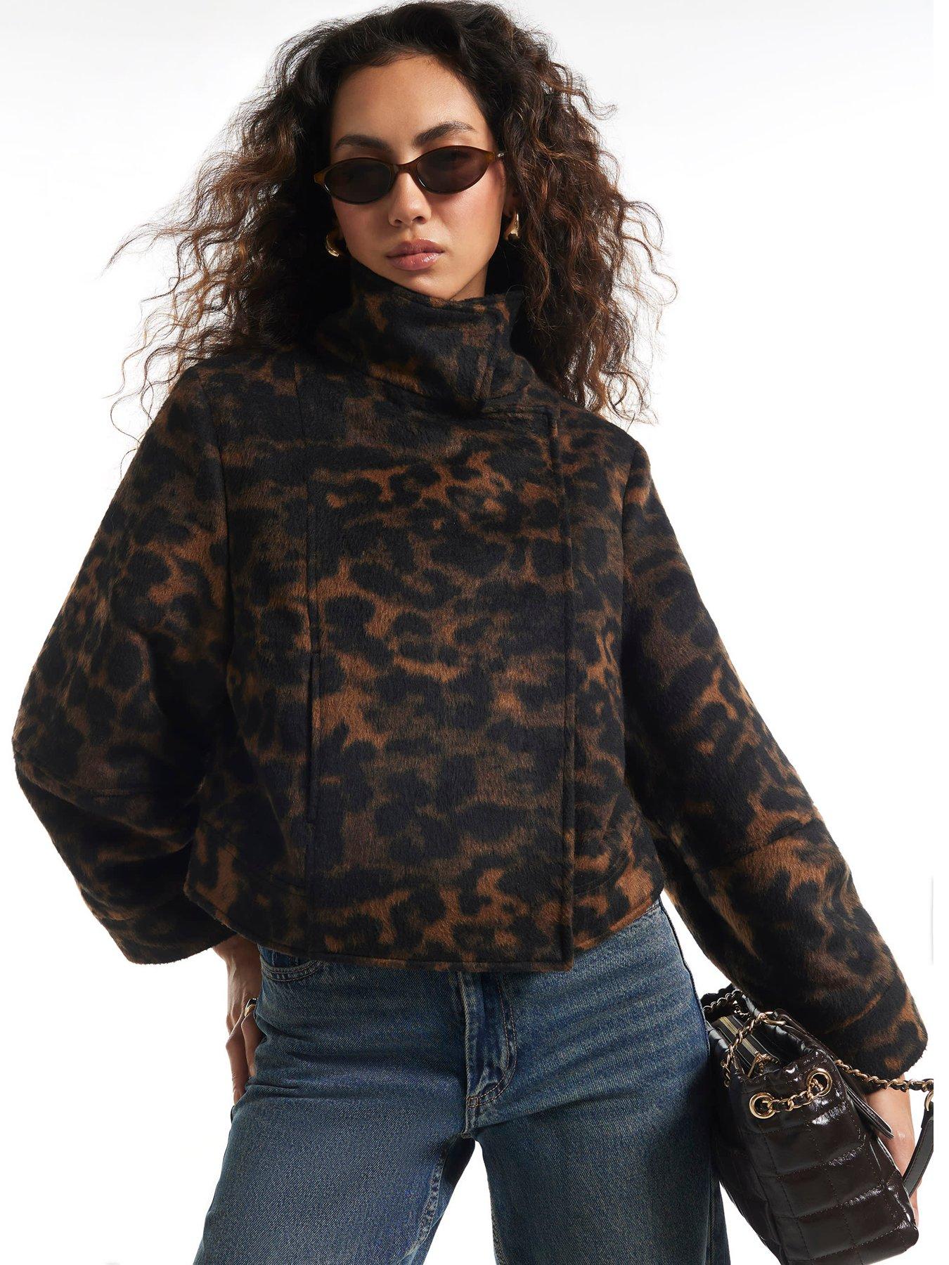 Image 1 of 6 of River Island Leopard Funnel Cocoon Sleeve Jacket - Brown