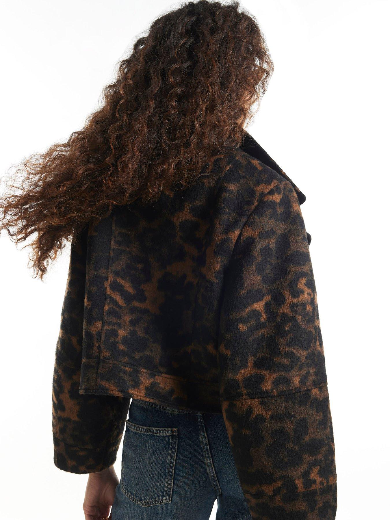 Image 2 of 6 of River Island Leopard Funnel Cocoon Sleeve Jacket - Brown
