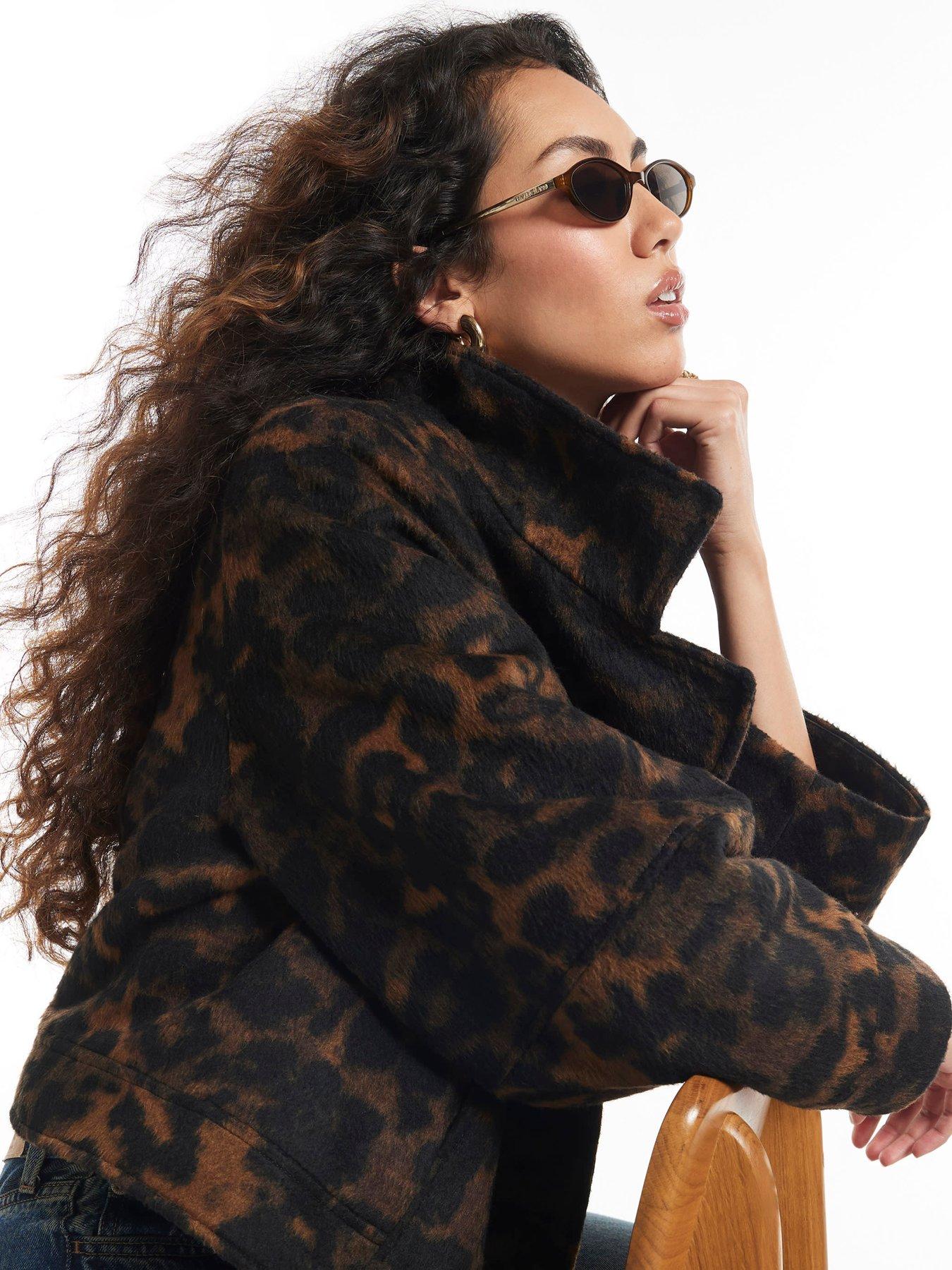 Image 4 of 6 of River Island Leopard Funnel Cocoon Sleeve Jacket - Brown