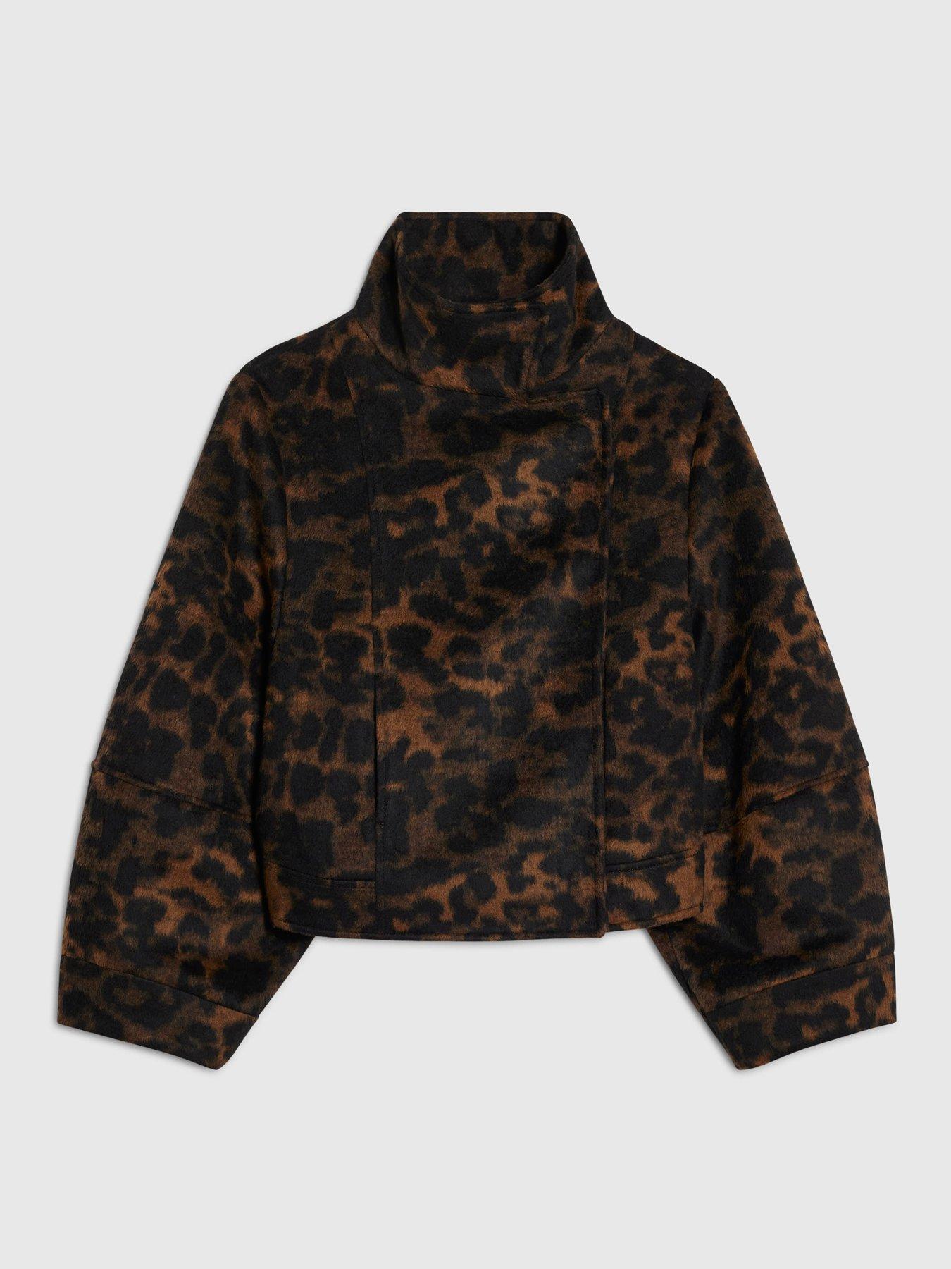 Image 6 of 6 of River Island Leopard Funnel Cocoon Sleeve Jacket - Brown