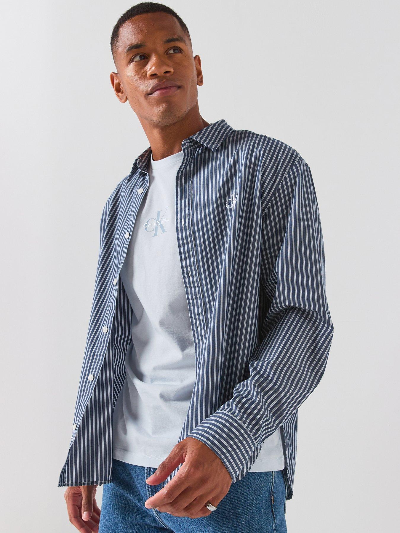 Image 1 of 6 of Calvin Klein Jeans Washed Stripe Poplin Relaxed Shirt - Blue