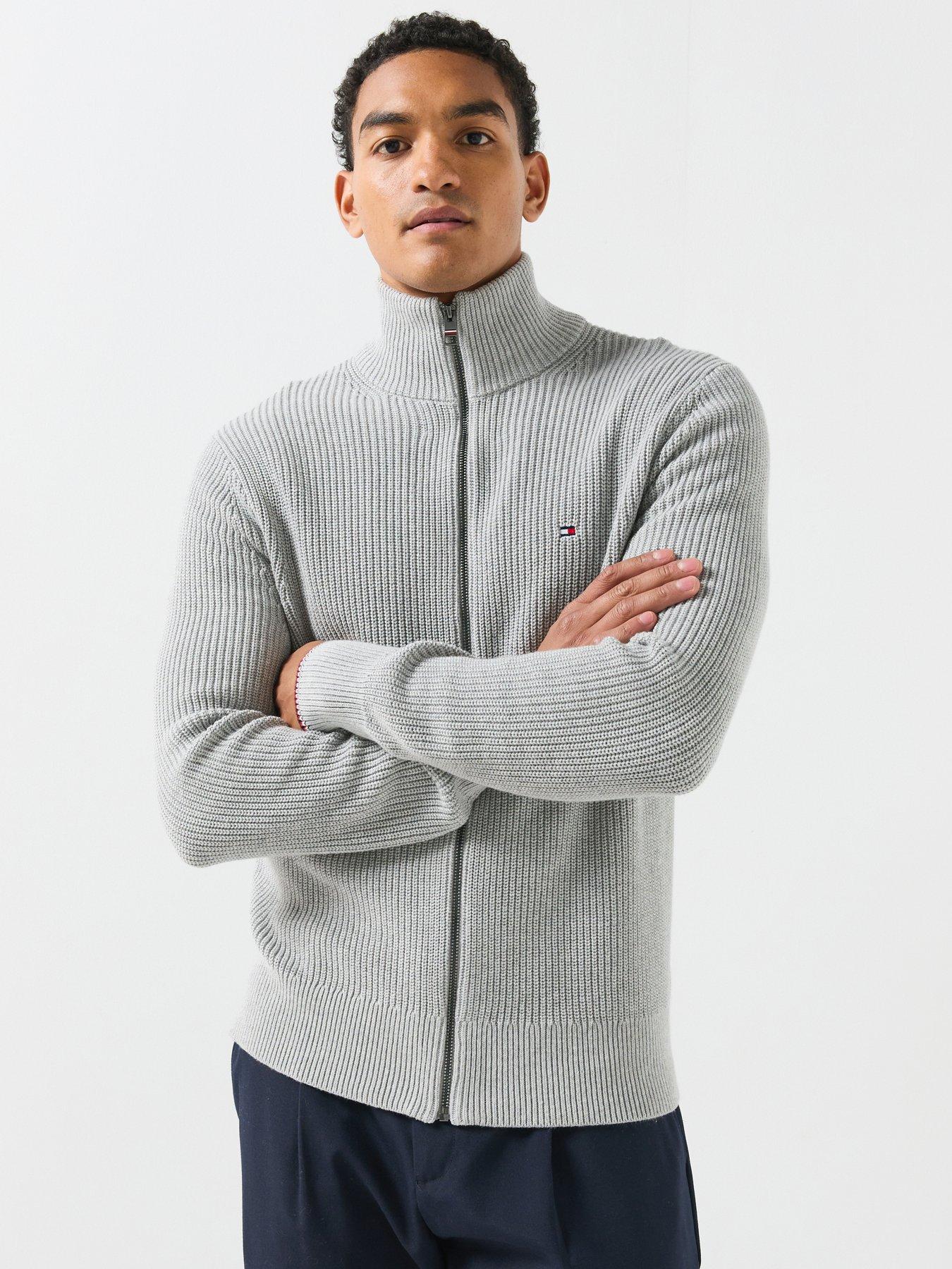 Image 1 of 6 of Tommy Hilfiger Rib Zip Through Knitted Cardigan - Light Grey