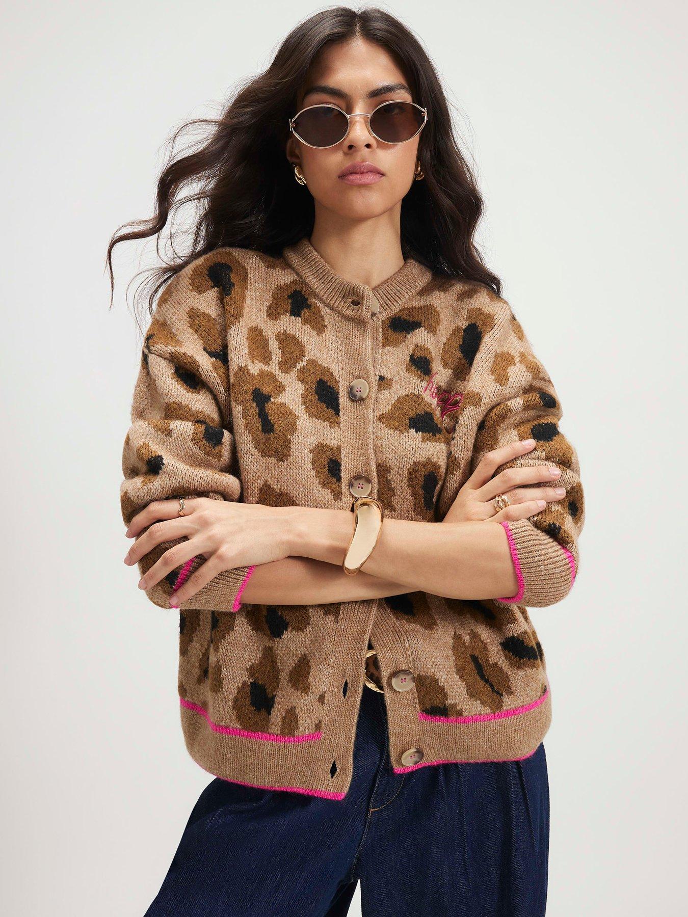 Image 1 of 6 of River Island Knitted Leopard Smiley Print Cardigan - Cream