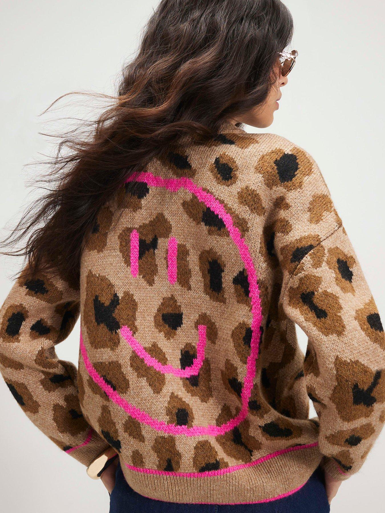 Image 2 of 6 of River Island Knitted Leopard Smiley Print Cardigan - Cream