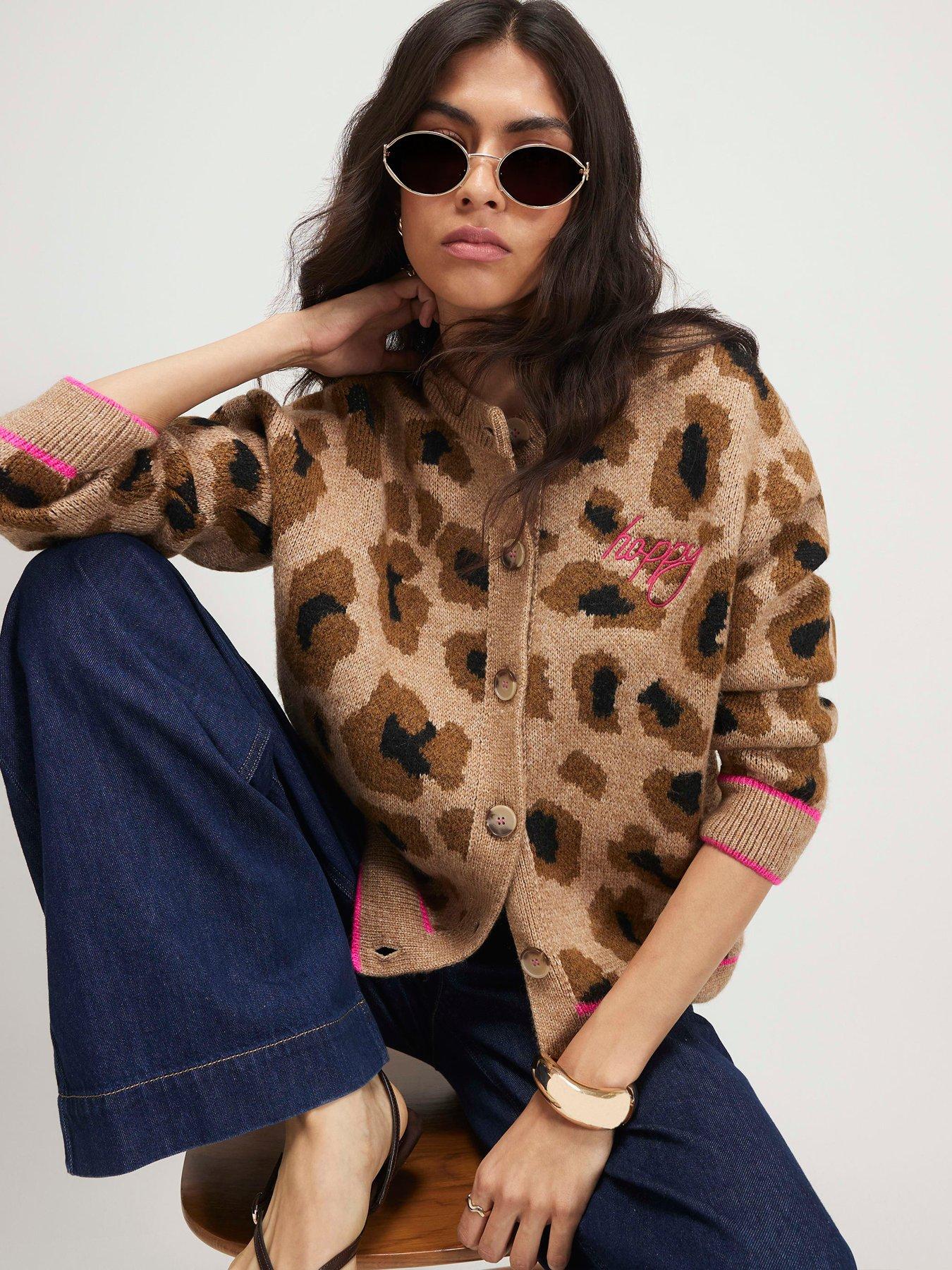 Image 4 of 6 of River Island Knitted Leopard Smiley Print Cardigan - Cream