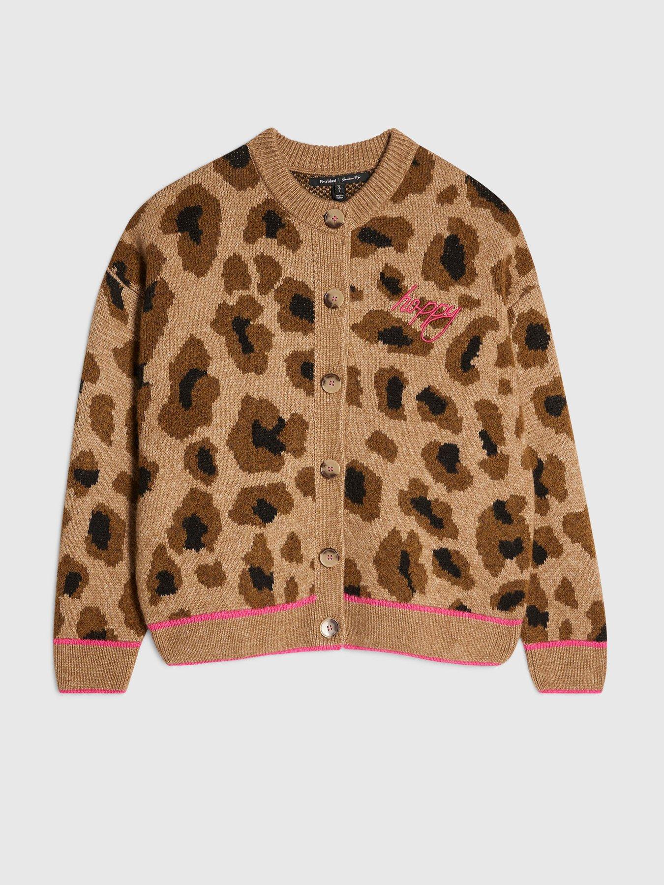 Image 5 of 6 of River Island Knitted Leopard Smiley Print Cardigan - Cream