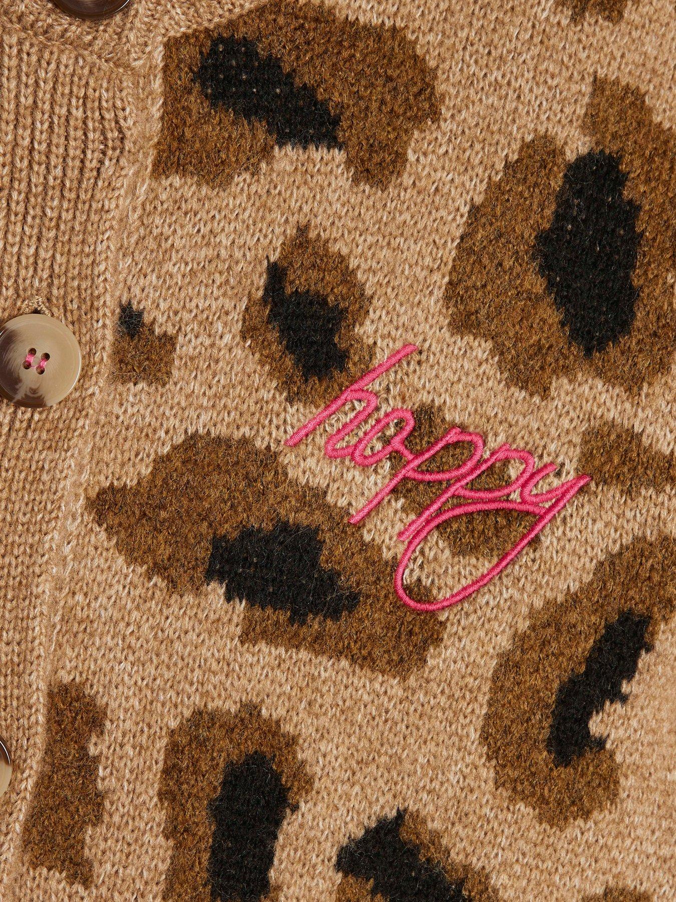 Image 6 of 6 of River Island Knitted Leopard Smiley Print Cardigan - Cream