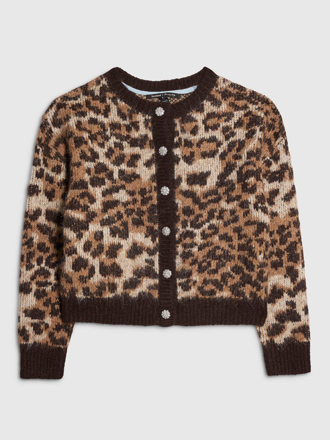 Image 5 of 6 of River Island Leopard Knit Sparkly Button Long Sleeve Cardigan - Beige