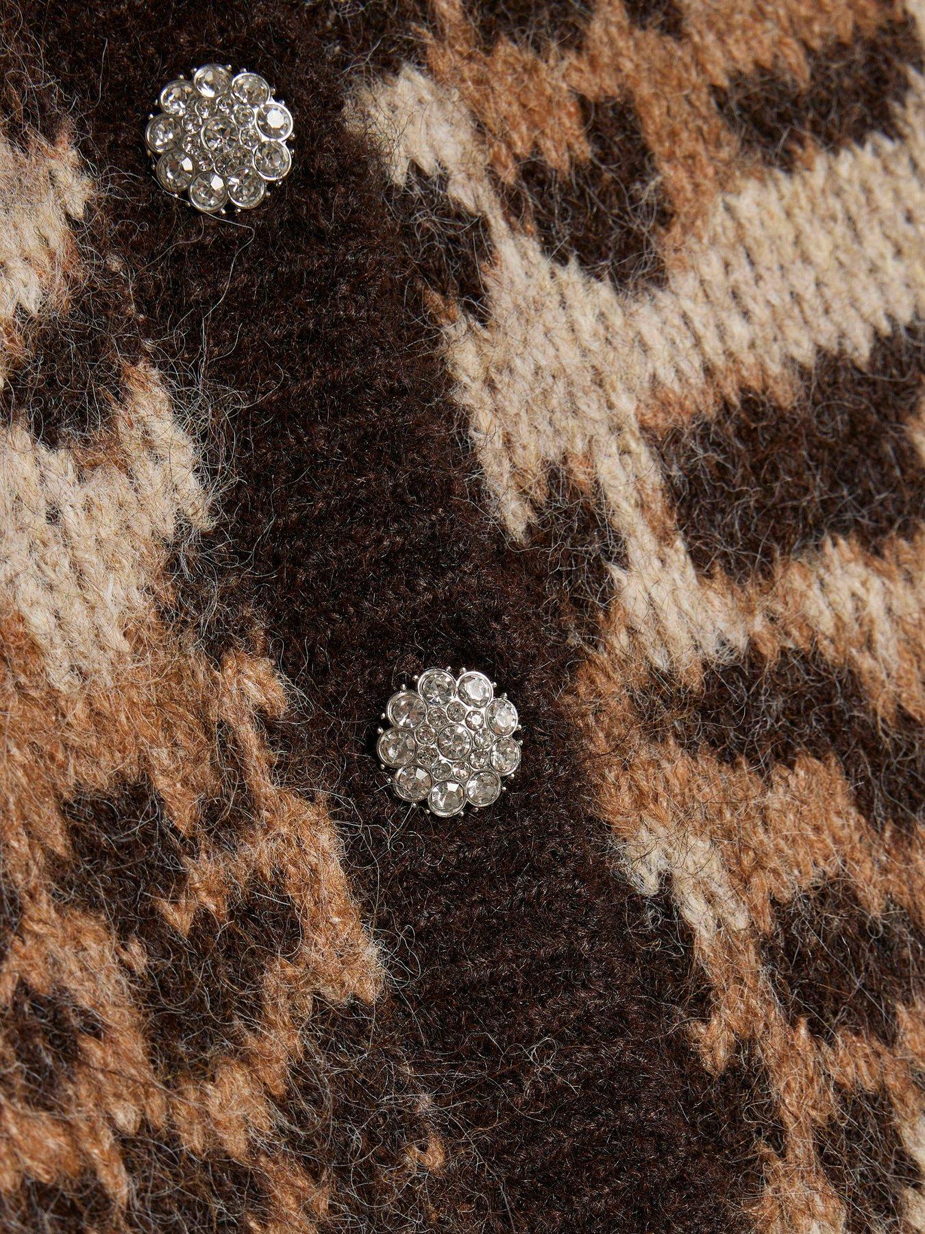 Image 6 of 6 of River Island Leopard Knit Sparkly Button Long Sleeve Cardigan - Beige