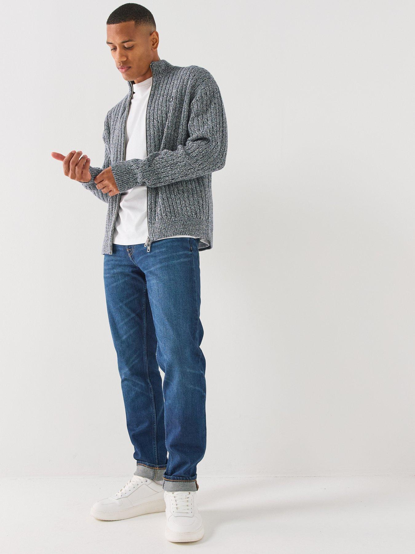 Image 3 of 5 of Calvin Klein Jeans Mens Textured Rib Knit Two-Way Zip Stand Collar Cardigan - Grey