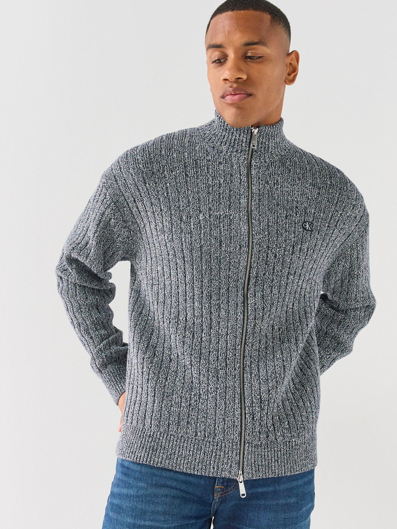 Image 4 of 5 of Calvin Klein Jeans Mens Textured Rib Knit Two-Way Zip Stand Collar Cardigan - Grey