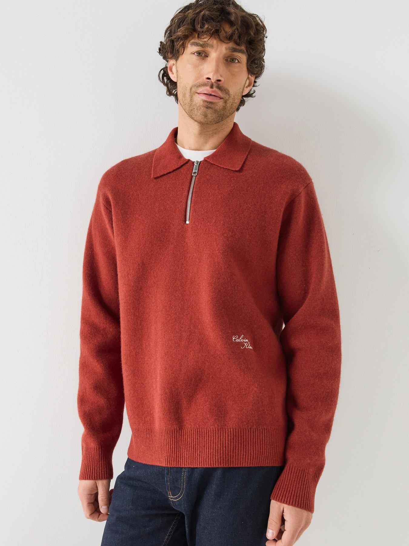 Image 1 of 6 of Calvin Klein Mens Script Quarter-Zip Wool-Blend Jumper - Red