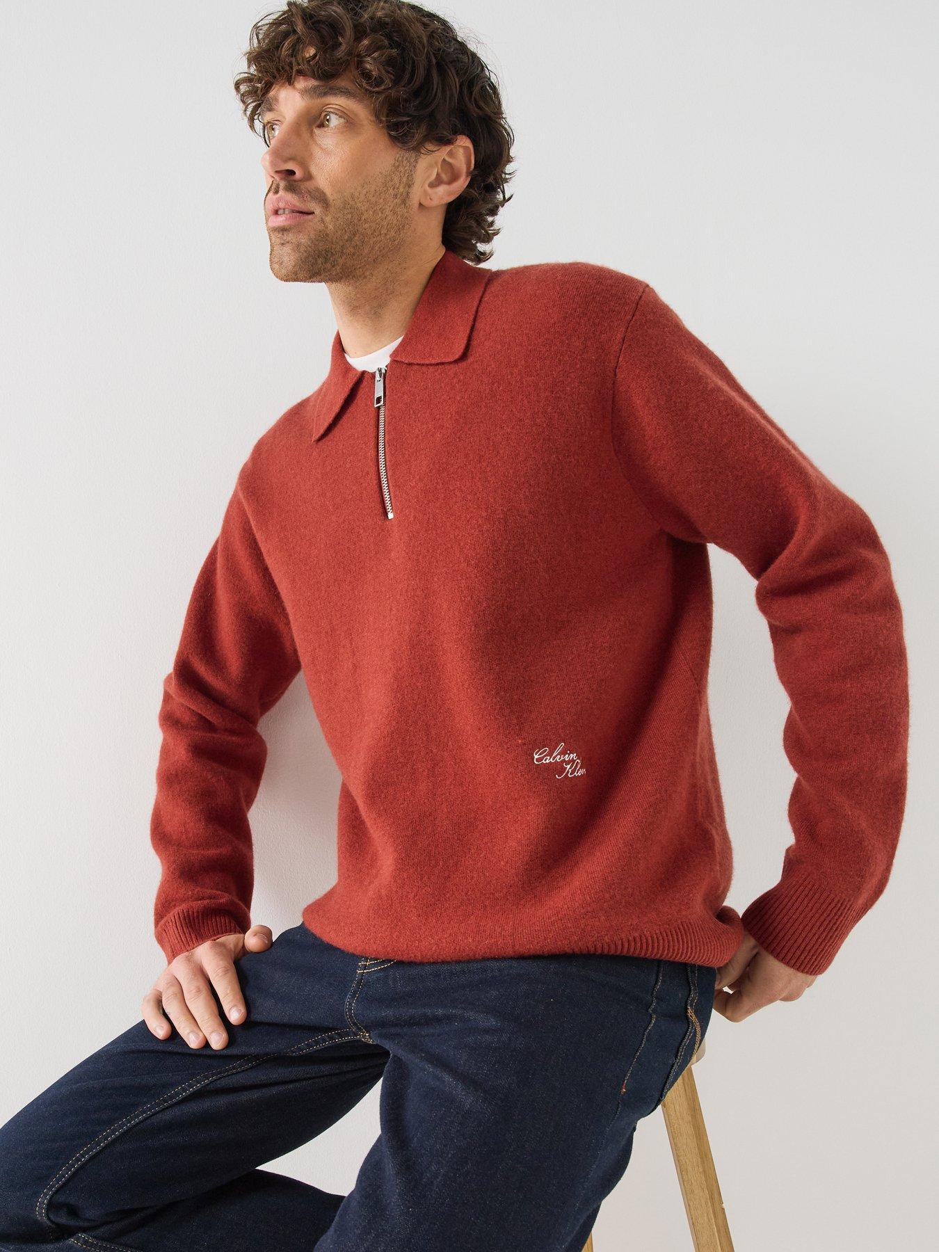 Image 6 of 6 of Calvin Klein Mens Script Quarter-Zip Wool-Blend Jumper - Red