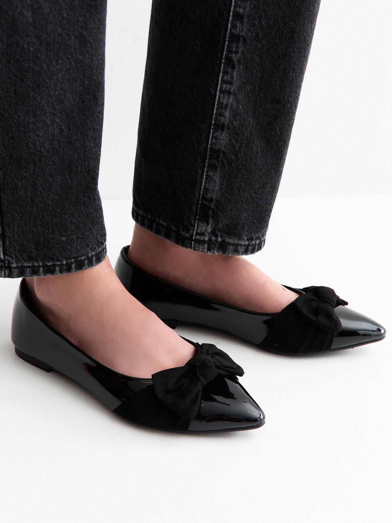 New Look Wide Fit Faux Leather Bow Ballet Flats - Black