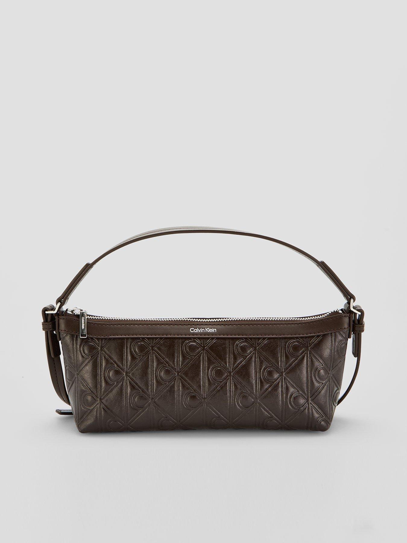 Image 1 of 5 of Calvin Klein Debossed Allover Emblem Logo Shoulder Bag - Brown