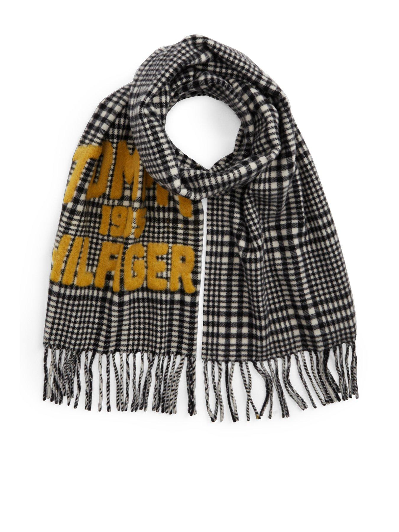Image 1 of 4 of Tommy Hilfiger Womens Varsity Logo Check Fringed Scarf - Black