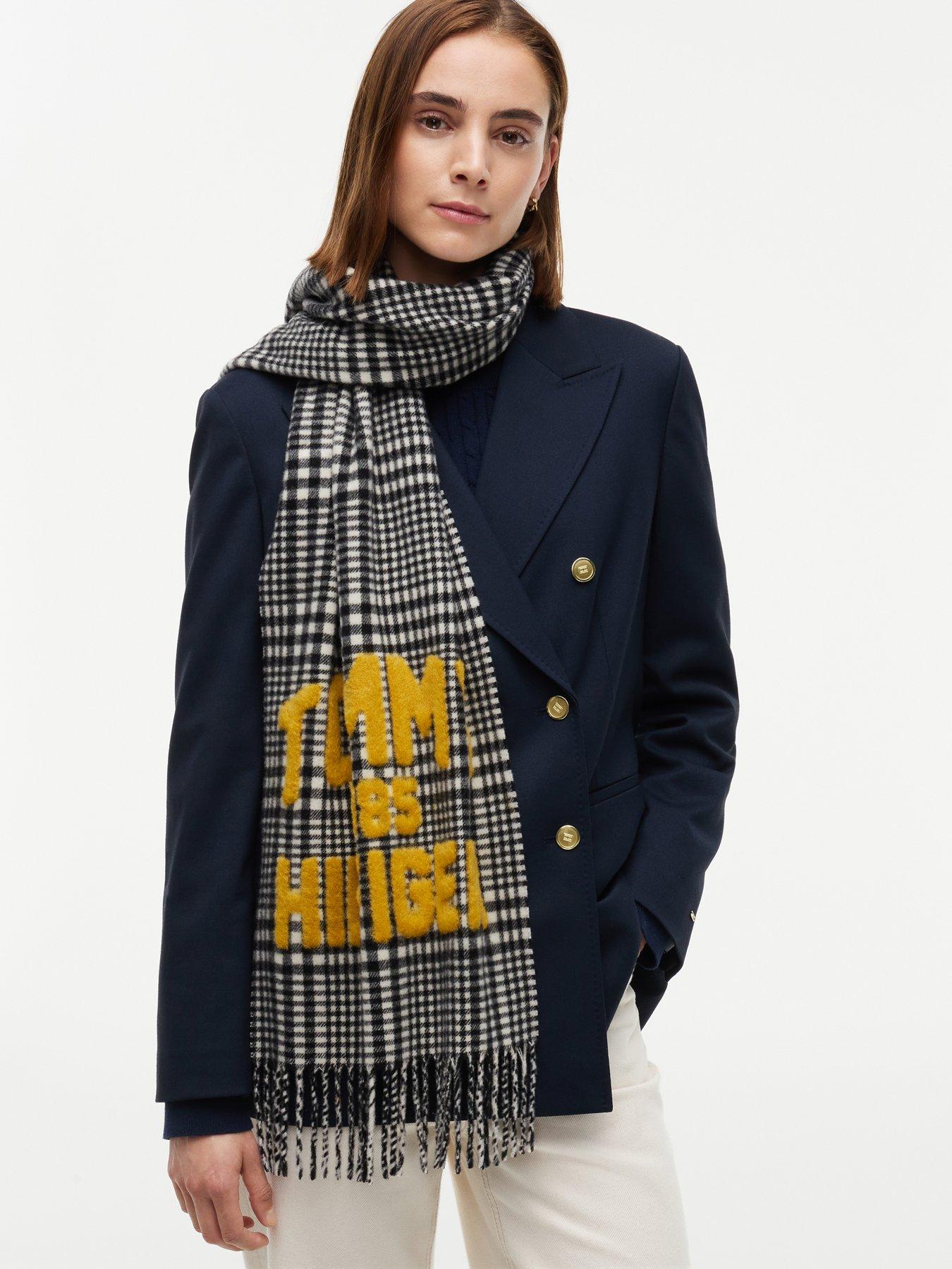 Image 2 of 4 of Tommy Hilfiger Womens Varsity Logo Check Fringed Scarf - Black