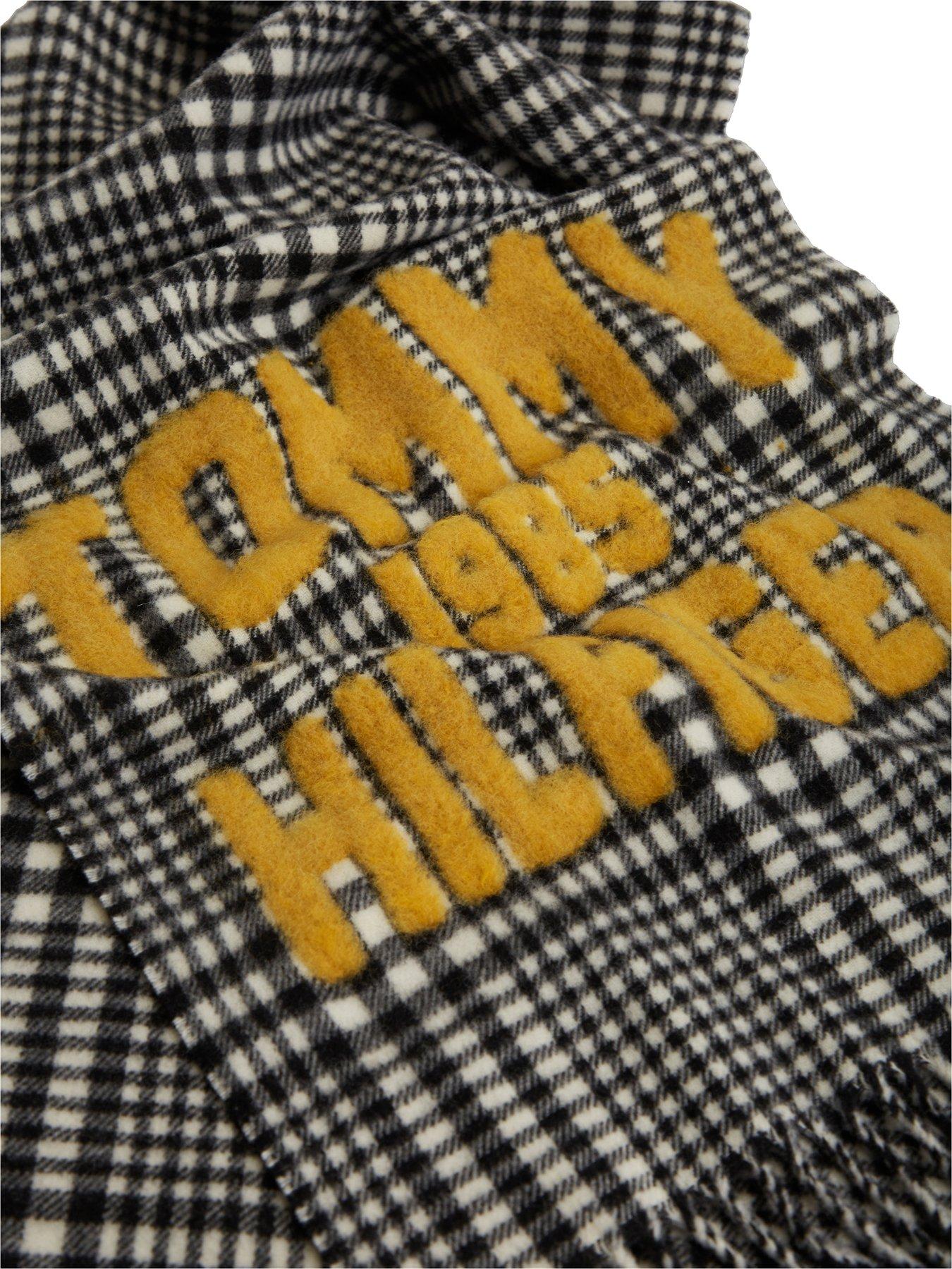 Image 4 of 4 of Tommy Hilfiger Womens Varsity Logo Check Fringed Scarf - Black