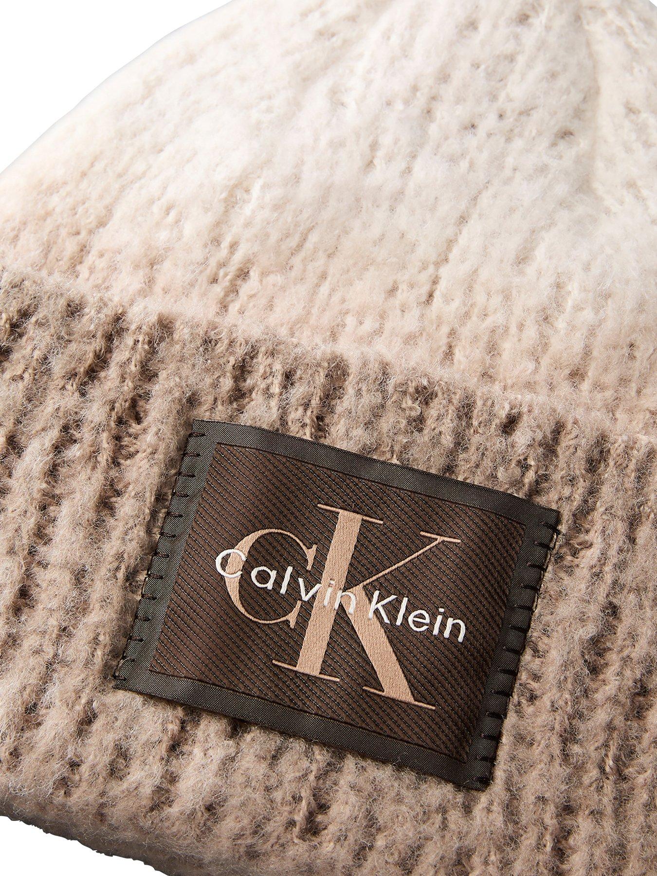 Image 3 of 3 of Calvin Klein Brushed Ombre Chunky Rib Beanie - White