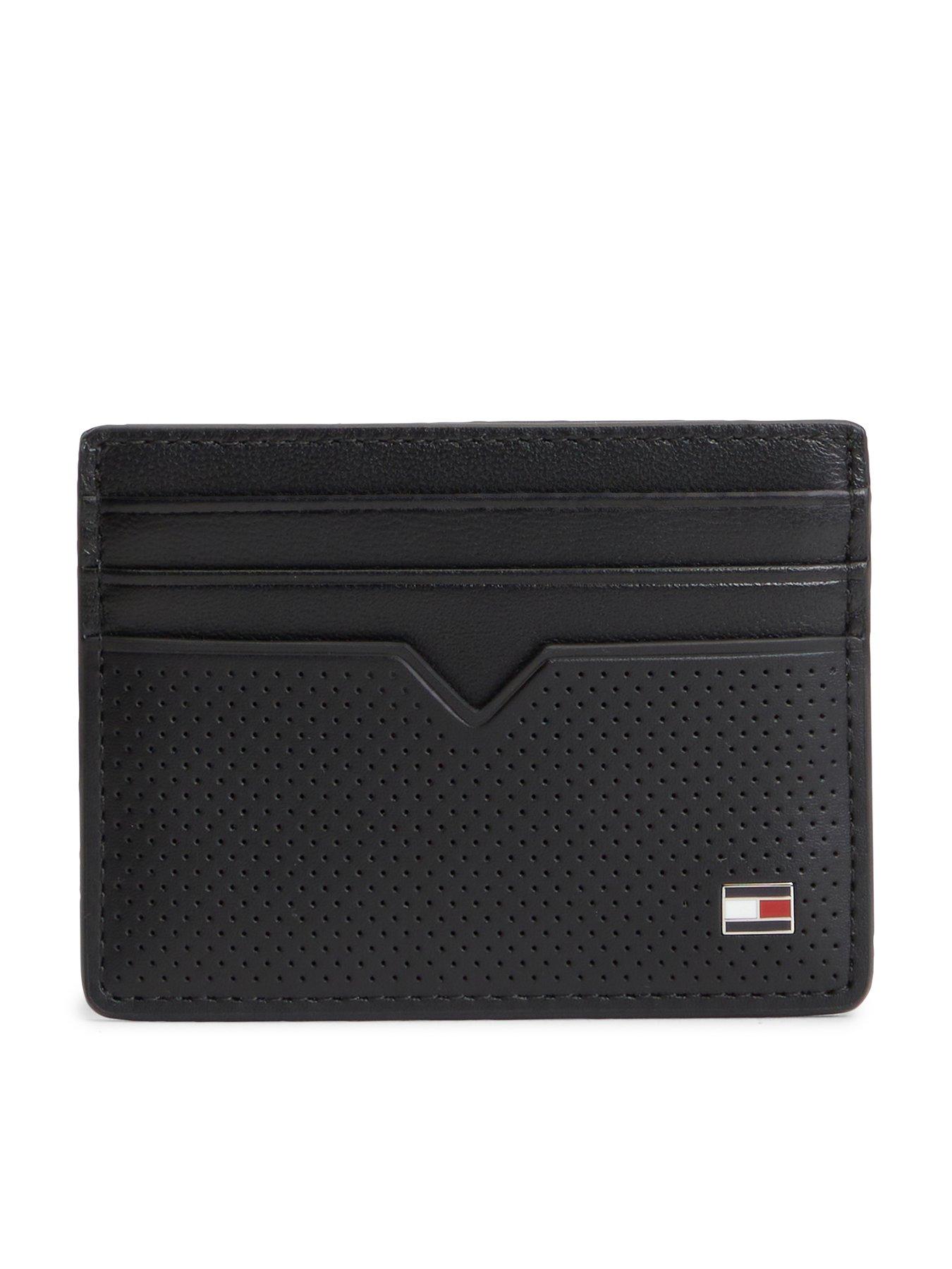 Tommy Hilfiger Perforated Leather Enamel Flag Card Holder - Black