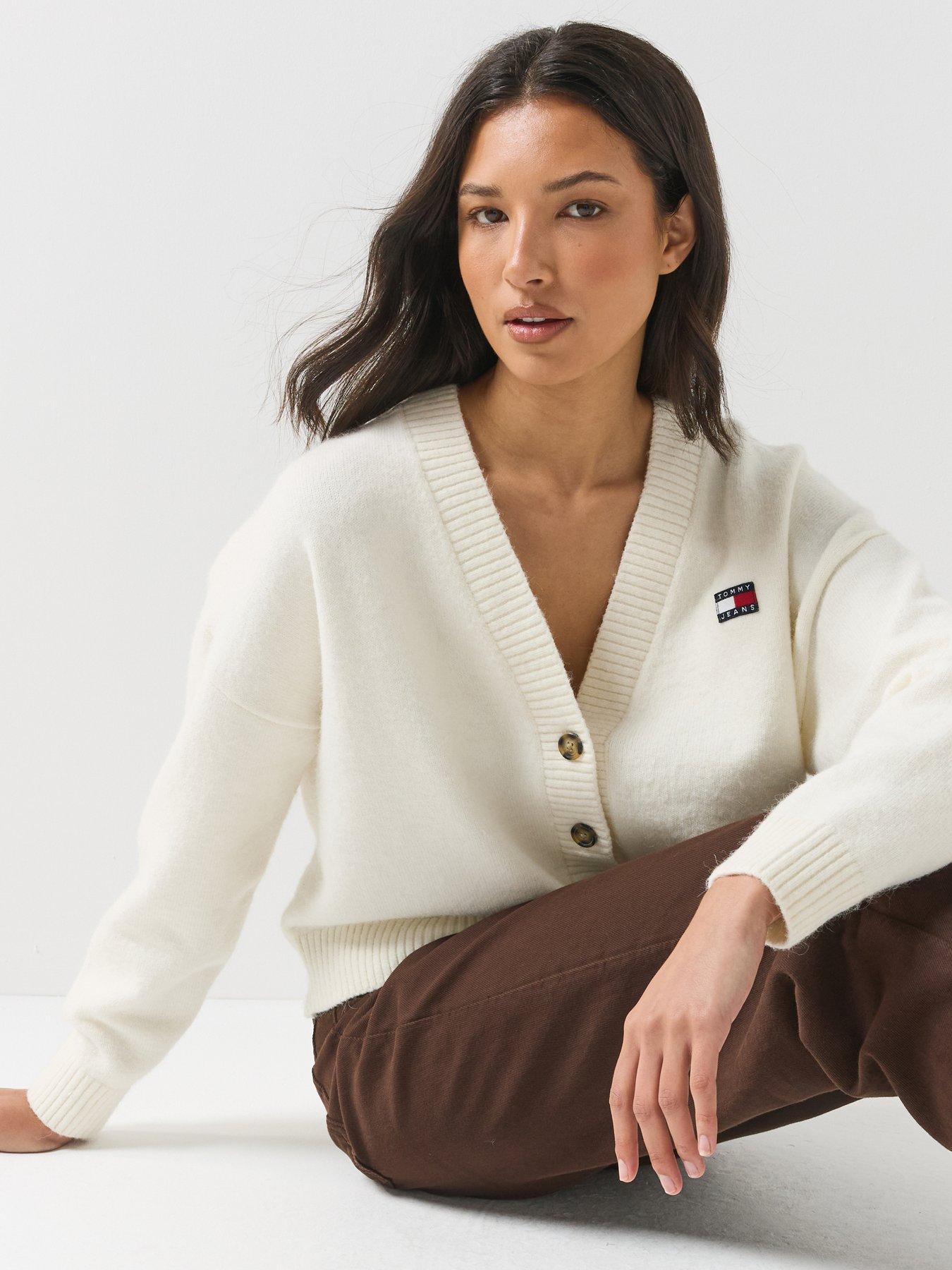Image 1 of 6 of Tommy Jeans Womens Fluffy V-Neck Button Through Cardigan - White