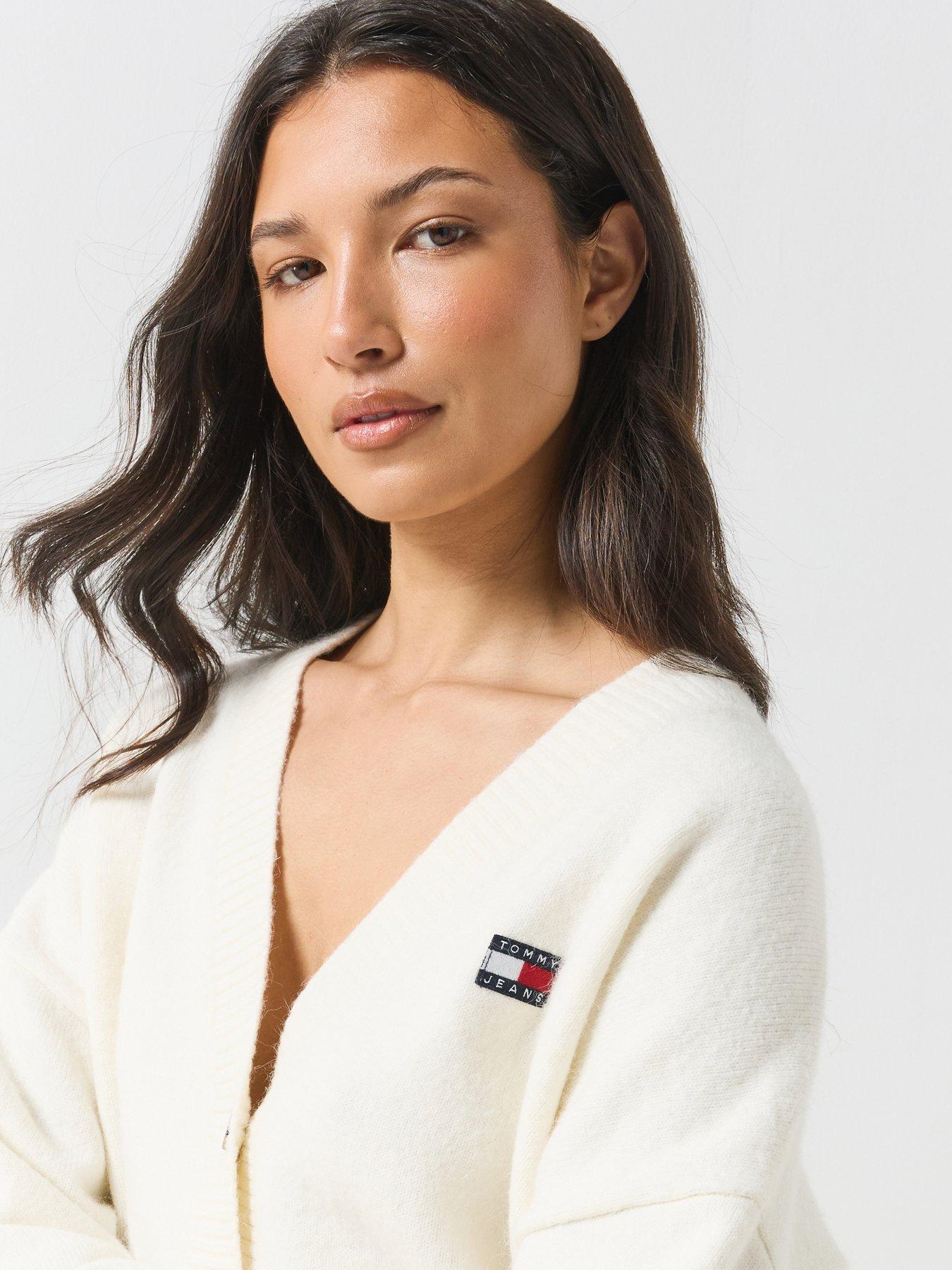 Image 5 of 6 of Tommy Jeans Womens Fluffy V-Neck Button Through Cardigan - White