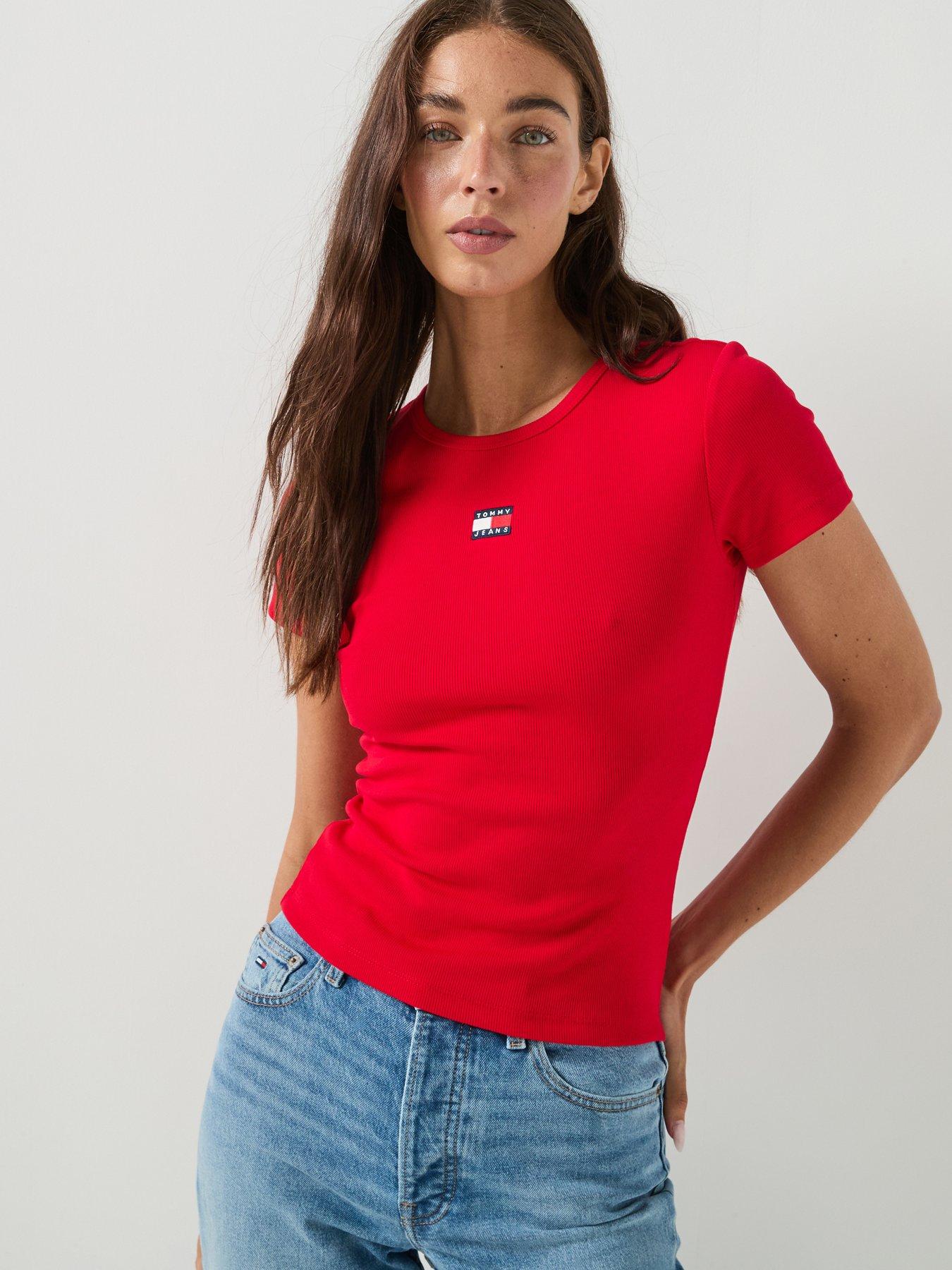 Tommy Jeans Women's Ribbed Badge T-Shirt - Red